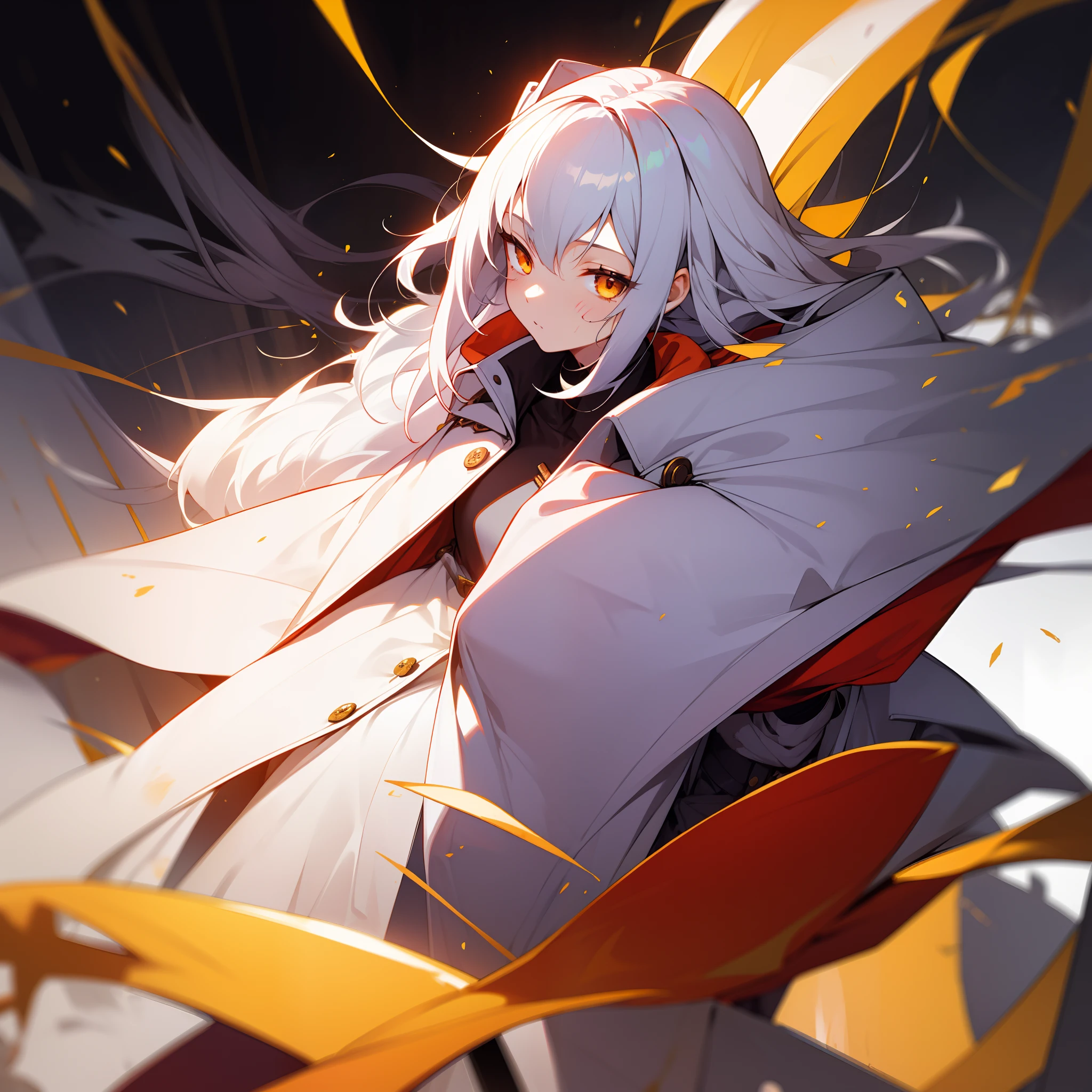 teens girl，White hair and golden eyes，Standing on the blood-black earth，Covered with corpses，The golden longsword in his hand pointed diagonally to the ground，Wearing a wide plain white trench coat，Look down at the ground，face expressionless，Blood on his face。