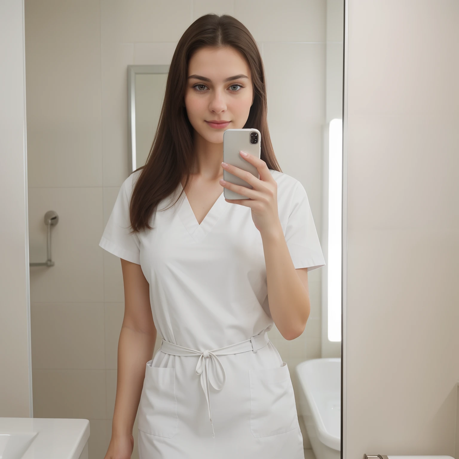 A Realistic Portrait, of a tall scandinavian girl with brown eyes and Dark Brown Hair style, 20 years old, Beautiful, detailed face, detailed eyes, (realistic skin:1.3), (pale skin:1.1), (textured skin:1.3), ((wearing white nurse’s scrubs)), smile, ((mirror selfie)), ((holding her phone up in front of her)), (iphone photograph), (perfect medium breasts:1.1), ((bathroom)), (artificial lighting:1.3), looking at the camera, perfect slim body, amateur Photography, Photorealistic, Detailed, analog, poor quality, grainy