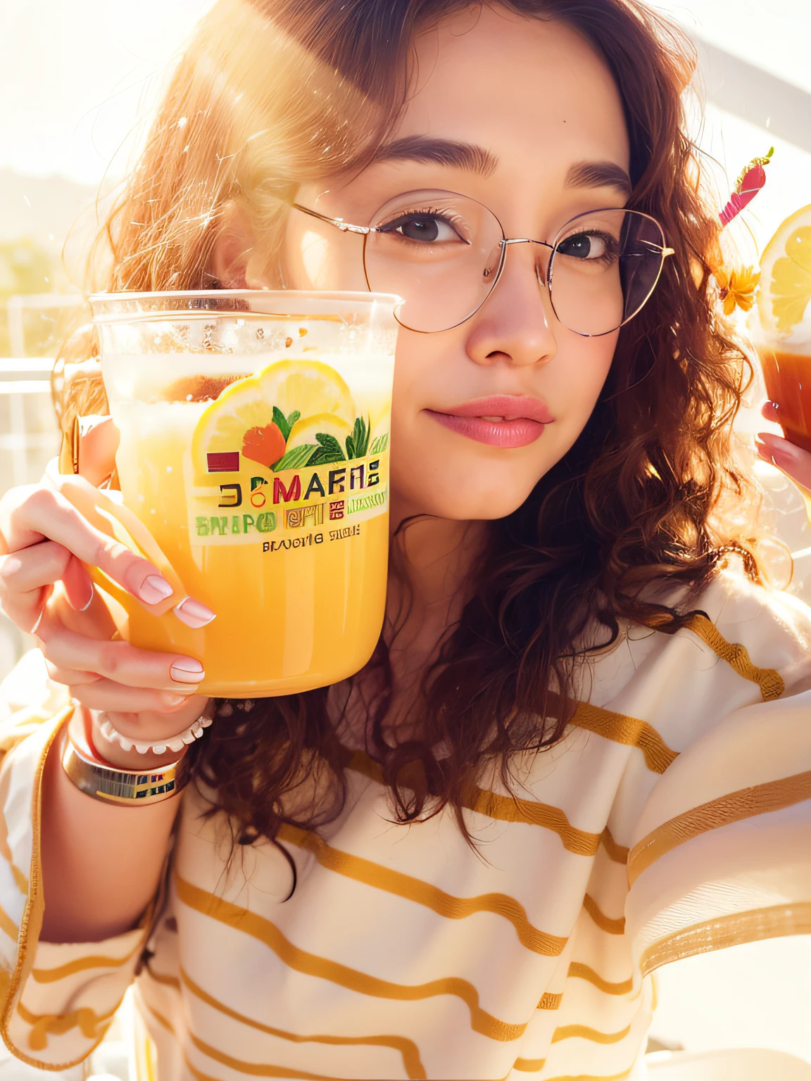 The Araffed woman holds a cup of coffee and a slice of lemon, holding a boba milky oolong tea, 🍸🍋, drinking a strawberry iced latte, it has lemon skin texture, drink boba tea, 🐿🍸🍋, with a straw, healthy, drink, drink milkshakes together, with lemon skin texture, inspired by Qu Leilei