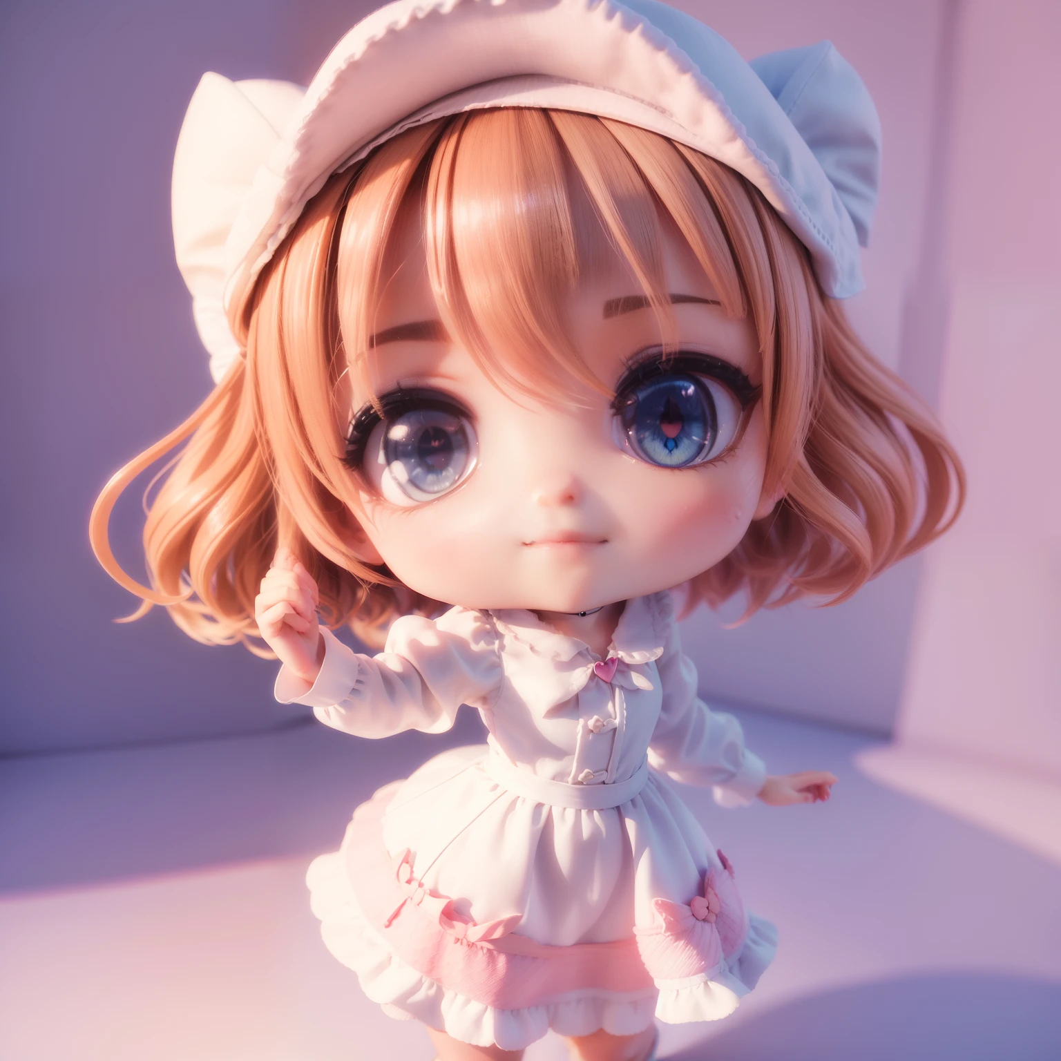 ((((chibi3d))) Best Quality), (masutepiece)、The girl is Russian with big blue eyes、Wavy bob hairstyle with brown hair、The figure is very slim、The best smile、Blanc Women's White Lace Blouse, Offshore style, White Skipper Dress, Shirt、(Shape the heart by hand:1.5)doe、The background is the interior of a cute pink café、Coming out of the hands(Heart-shaped beam is fluffy:1.2)