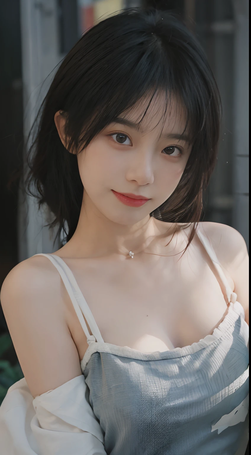 best qualtiy, 超高分辨率, (realisticlying:1.4),((Medium hair))),absurderes:1.2, The background is blurred out, Bokeh:1.2, photography of, (RAW photogr:1.2), (realisticlying:1.4), (tmasterpiece:1.3), (complexdetails:1.2), 1girll, 独奏, japanaese girl, delicated, beautifuldetails, (Detailed eyes), (detailedfacialfeatures), Petite, (((little breast))), skin tight, (Looking_at_peeping at the viewer), From_Front, (being thin), (best qualtiy:1.4), (超高分辨率:1.2), cinematric light, (Extreme detail illustration), (Gloss on lips, best qualityer, 超高分辨率, depth of fields, Caustics, Wide lighting, naturalshadow, 85mm, f/1.4, iso 200, 1/160s:0.75),1girll, 独奏, (((blue tanktop)))ssmile, 校服, choker necklace,