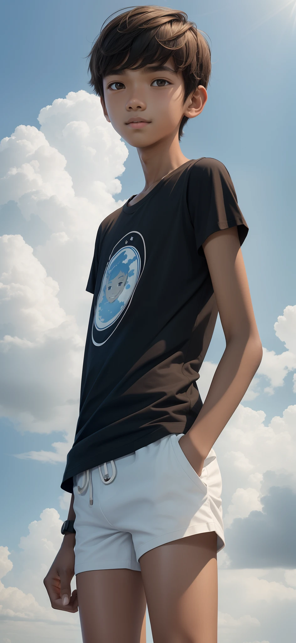 A 14-year-old boy,Light brown skin,White mini shorts,Slender legs,largeeyes,short detailed hair,Tall and thin,Melon seed face,ssmile,In a dark background,Sky blue T-shirt