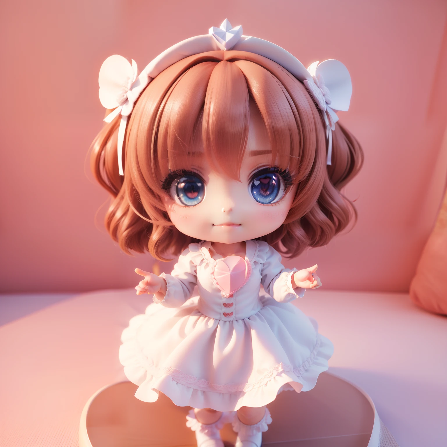 ((((chibi3d))) Best Quality), (masutepiece)、The girl is Russian with big blue eyes、Wavy bob hairstyle with brown hair、The figure is very slim、The best smile、Blanc Women's White Lace Blouse, Offshore style, White Skipper Dress, Shirt、(Shape the heart by hand:1.5)doe、The background is the interior of a cute pink café、Coming out of the hands(Heart-shaped beam is fluffy:1.2)