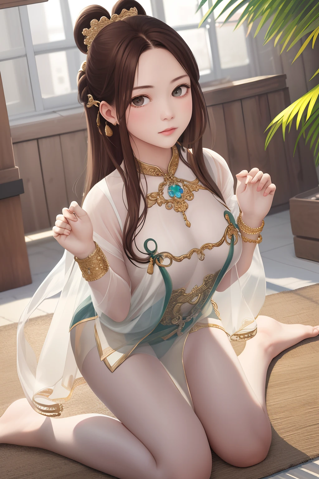 Upper body,oil painted,tmasterpiece,Need,A high resolution,Brown hair long,Jewelry hairpins,Bigchest,Transparent top,No underwear,riverside and rock or temple or bridge,Kneeling pose,(song dynasty,see-through transparent clothes:1.2)