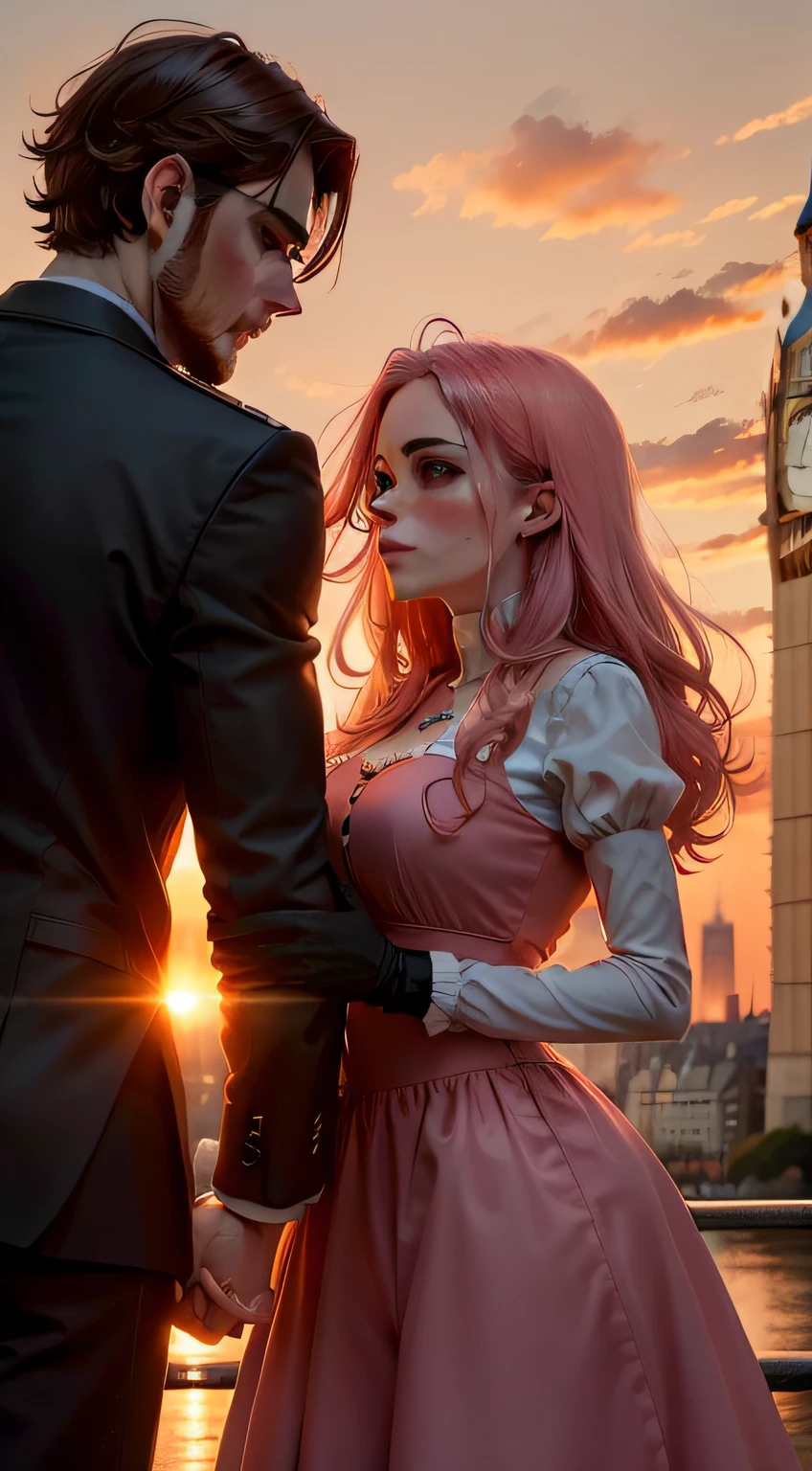 Romantic sunset setting: A stunning image of a British city at dusk, with an iconic tower at its center. The sky is painted in warm shades of orange and pink, creating a romantic and dramatic atmosphere. Em primeiro plano, os perfis de Emily e Thomas (Velho) are visible, with expressions that reflect the internal conflict between love and the difficulties faced.