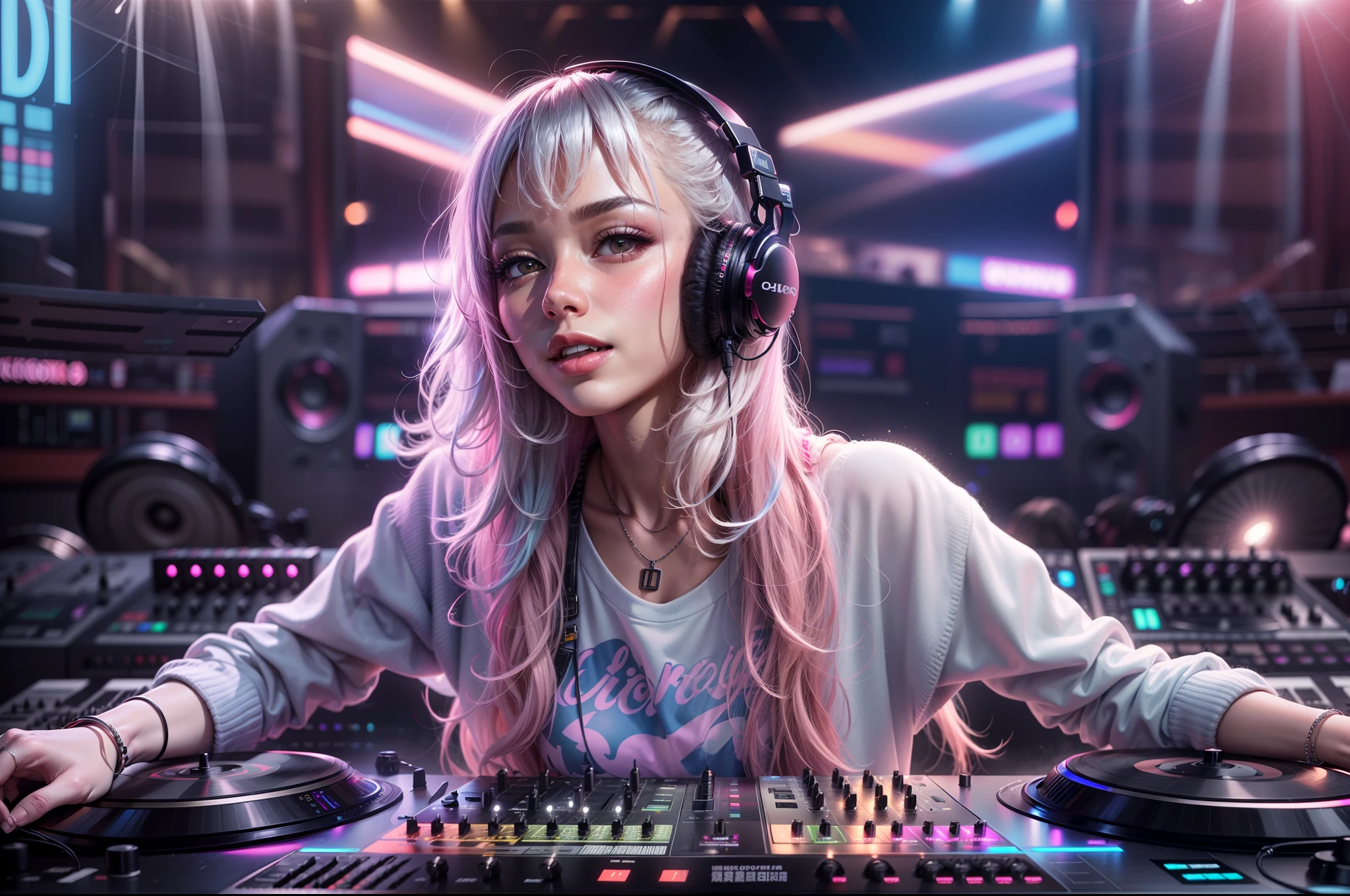 (ultra - detailed, 16K resolution, Cinema lenses,rendering by octane),A young chick woman,Has straight white and pink hair, Wearing silver DJ headphones, Shiny silver sequined T-shirt, (Signature hip-hop pop outfit:1.3), Smile while DJing on stage.Standing in front of the DJ equipment Full body shot, The spotlight shines on the female DJ. Realistic style photography by Disco Lighting
等待开始