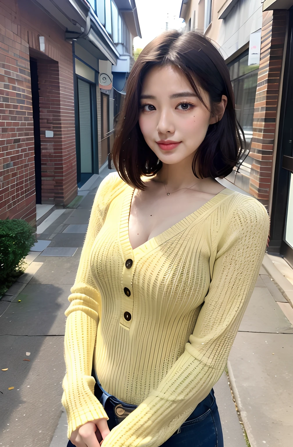 ((8K:1.27)、top-quality、masterpiece、超A high resolution:1.2)Photo Beautiful Japan woman、26 year old、Moist beauty、Beautiful face、Eyes are far away、Fantasia、detaileds、Gradient lighting、1girl in、Delicate skin、looking at the viewers、Brown-eyed、short hair with bangs、Medium chest、(realisitic:1.4)、top-quality、超A high resolution、8K、Raw photography、(masterpiece:0.2)、(pureerosface_v1:0.5)、 Color Front Button Rib Knit Dress、shortsleeves、shortsleeves,Ruching, rib-knit, Button Front、Cap Sleeve、skin-tight、Onepiece、White clothes、From the knee up、Turn your buttocks、Kamimei、excited expressions、Red cheeks、want me、Staring at this、erect through、standing straight、directly in front、Good posture、up chest、slightly chubby figure、Ass big、smil、Back alley、Brick、