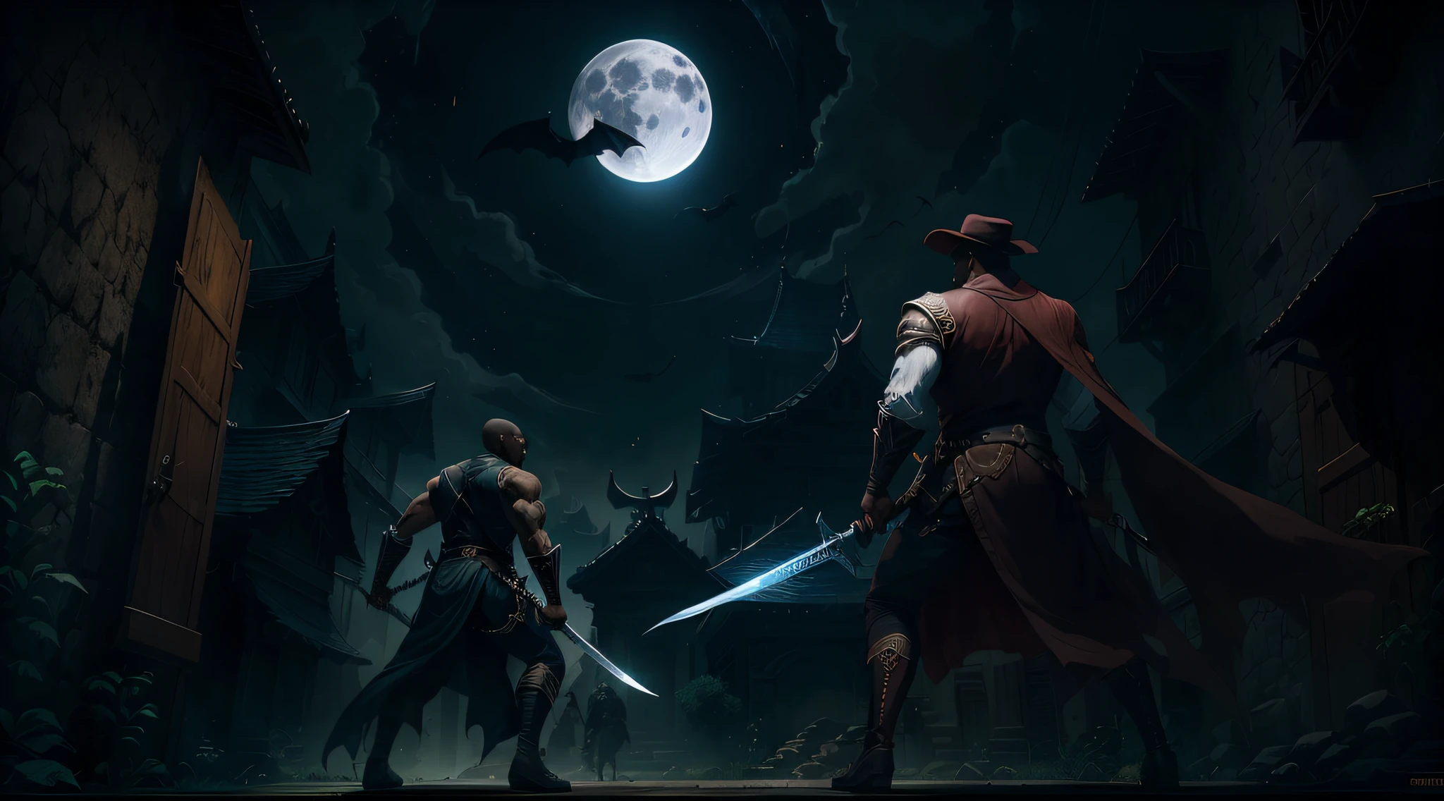 A strong man with dark skin color who is a vampire hunter who uses a sharp sword to hunt them is searching a vampire prey which is hidden in a town, midnight, full moon, glow lights, panoramic view, intricate detail, high resolution, 8k, ultra definition, dynamic composition, action scene, masterpiece