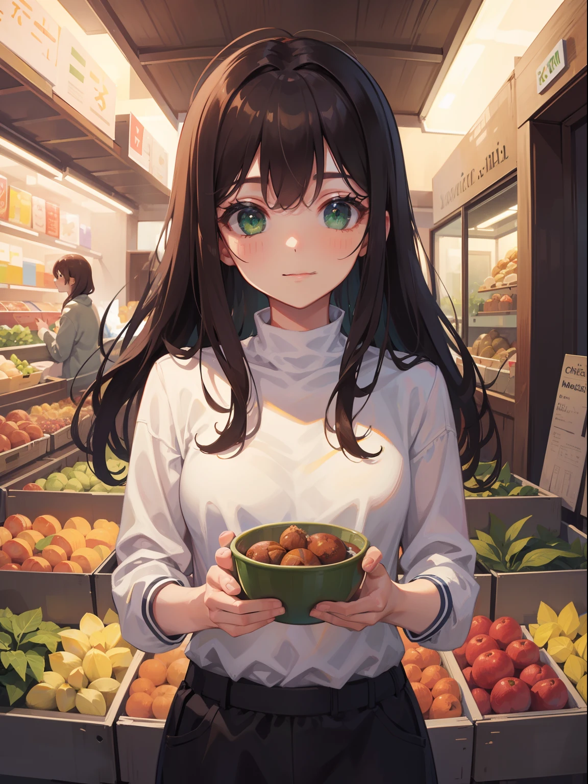 (masterpiece), (best quality), ultra high res, sharp focus, ((1 woman, solo)), in the market, (at the night time:1.2), upper body, medium long shot, MLS, beautiful detailed hair, chestnut brown hair, long hair tumbles down, ((beautiful shape eyes, green eyes)), beautiful detailed face, perfect feminine face, comfortable face, look at the viewer, smiles, feminine comfy outfit