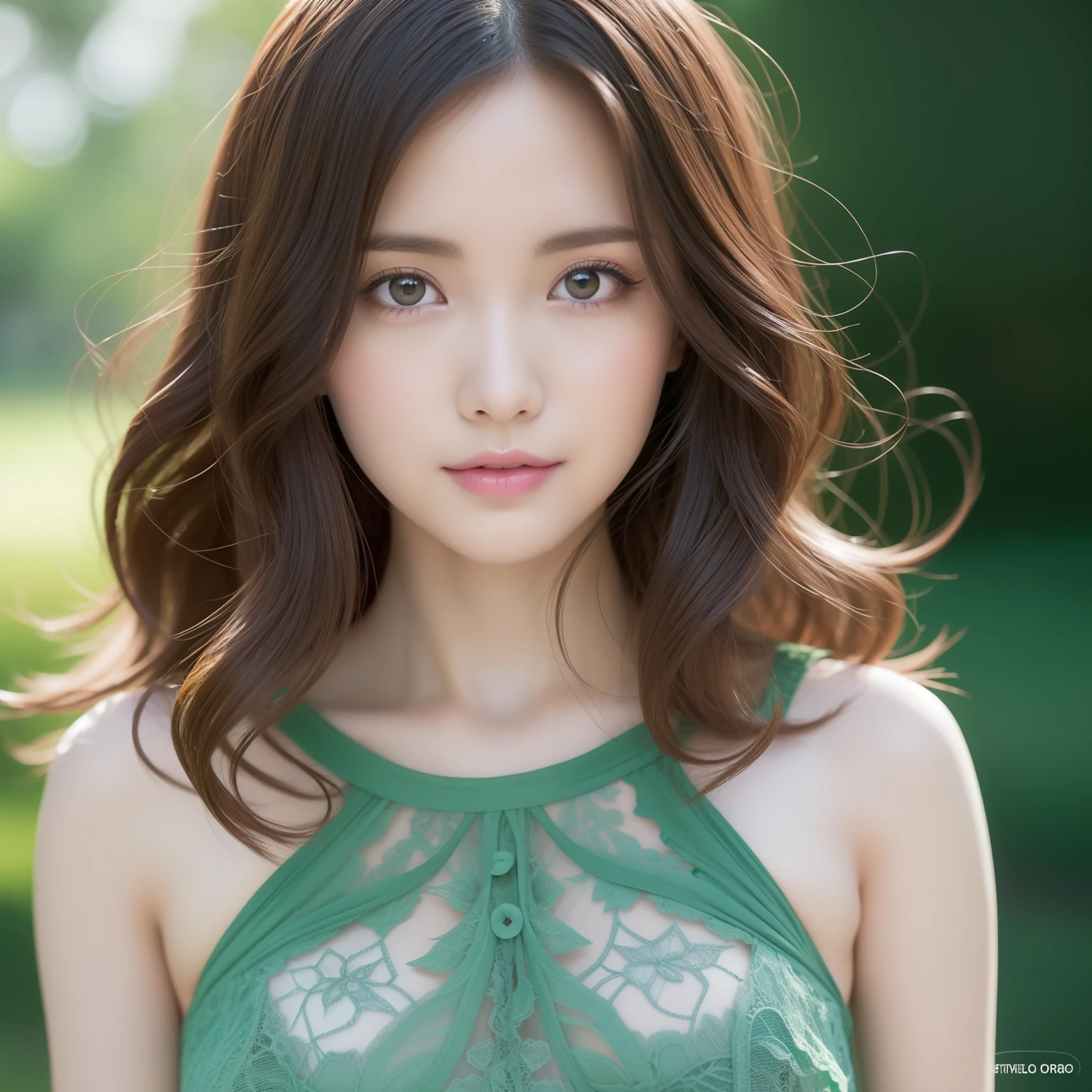High image, Super Detail, High resolution, Anime, Manga, Illustration, Super cute girl with young face, make up, Ecstatic expression, Amorous expression, Seductive look, Flowing layered white shiny wavy hair, Hair over one eye, big eyes of glowing green color, Seductive moist pink lips, medium breasts, under the boobs, sideboob barbosa, great proportion, perfectly proportions, slender, Full body, Lace Baby Doll Long Dress