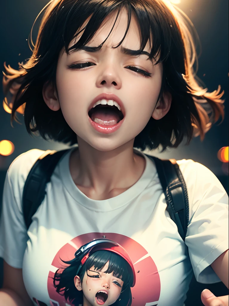 1girl in ( Screaming),Reaching the climax:1.0,Close eyes, short-cut、masutepiece、Bottoms are randomly generated、（ Skeleton illustration printed shirt ）、Background bokeh:1.5