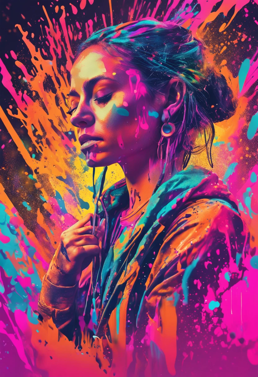 ((masterpiece:1.3)), ((best quality:1.3)), ((ultra_detailed:1.3)), luminous design, pastel colors, ink drips, DJ, close-up shot of upper body, observing the crowd, In this mesmerizing visual composition, a woman takes center stage, surrounded by a luminous design that radiates with vibrant pastel colors. The design seems to come alive, with ink drips cascading down, adding an ethereal touch to the scene. The woman, a DJ, is captured in a close-up shot of her upper body, standing behind the decks. Her gaze is fixed upon the crowd, observing their every move. The intensity in her eyes reflects her deep connection with the music and the energy of the crowd. The composition is meticulously detailed, with every intricate pattern and color gradient of the luminous design rendered with precision. The pastel colors create a dreamlike atmosphere, enhancing the enchanting aura of the scene. The ink drips add a touch of unpredictability and creativity, symbolizing the fluidity and artistry of the DJ's craft. As the DJ observes the crowd, the energy in the room is palpable. The crowd is a blur of movement, with hands raised and bodies swaying to the rhythm. The DJ's presence is magnetic, guiding the energy of the room with her music selection and skillful mixing. This composition is a true masterpiece, capturing the fusion of music and visual art in a captivating and immersive way. It celebrates the creativity and passion of DJs, while inviting viewers to be part of the electrifying atmosphere of a live performance.