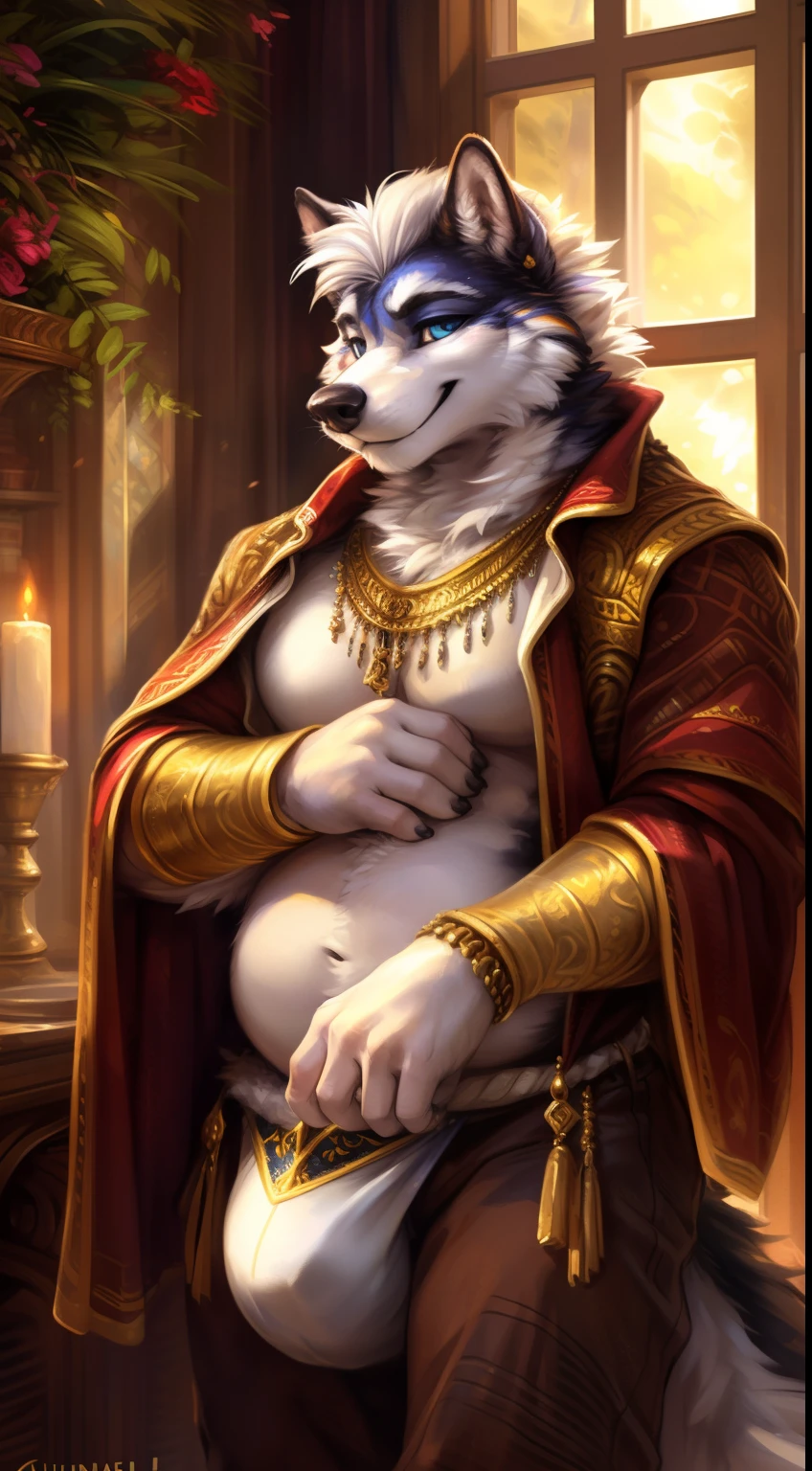 (author:Hioshiro and Kenket and Dimwitdog, Michael & Inessa Garmash, ruanjia, pino daeni, Chunie), Solo, anthro, Male, (white wolf), ((intricate detail fluffy fur texture)), White mane, Blue thick eyebrows,pinup, (Blue eyes) , mysterious smile,White breast clusters, ((wears)), digigrade, (Tail), Handsome, Cinematic, Solo, (musculature), (shaded), (Detailed eyes):1.2, ((busts)), Chubby,Sensual,musculature,Shirtless,blue fundoshi,large bulge,Religious motifs,Gold ornaments