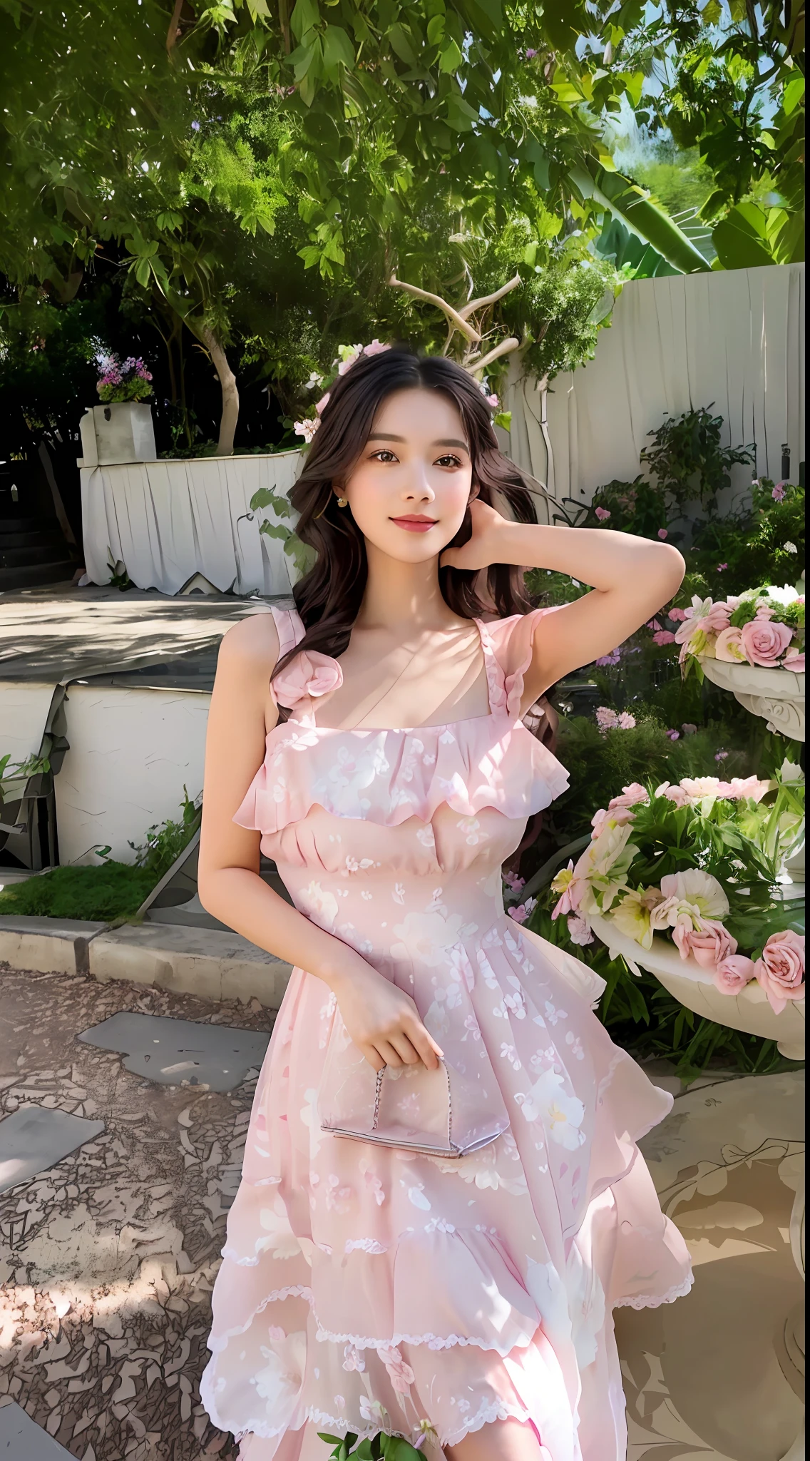 Alafi woman in pink dress poses in front of a flower pot, wearing pink floral gown, Romantic dress, rococo ruffles dress, flowery dress, Flower dress, wearing a long flowery dress, wearing in a summer dress, wearing organza gown, lady with glowing flowers dress, floral dream, Gorgeous lady, floral clothes, imagem de qualidade alta