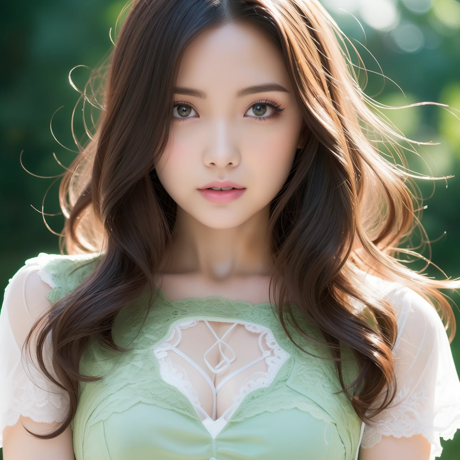 High image, Super Detail, High resolution, Anime, Manga, Illustration, Super cute girl with a young face, make up, Ecstatic expression, Amorous expression, Seductive look, Flowing layered white shiny wavy hair, Hair over one eye, big eyes of glowing green color, Seductive moist pink lips, medium breasts, under the boobs, sideboob barbosa, great proportion, perfectly proportions, slender, Full body, Lace Baby Doll Long Dress