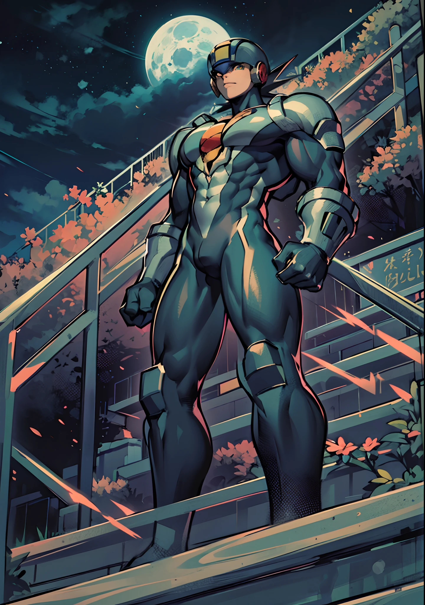 (masterpiece),(intricate details),1man,male,big pectorals,megaman,bodysuit, marked muscles on the bodysuit,finely eye and detailed face,bulge, Muscular body, Imposing body, Imposing appearance, muscular arms, muscular legs, only body, trapezoid torso, sturdy body, muscular body, defined round and fleshy pecs, defined washboard ABS, defined arms, defined legs, flexing his muscles,black hair,closed mouth,closeup,green eyes,helmet,depth of field,looking at viewer,((standing on the school stairs)),moon,night,Area_with_many_trees_and_vegetation,((cumulonimbus)),from below:1.1,