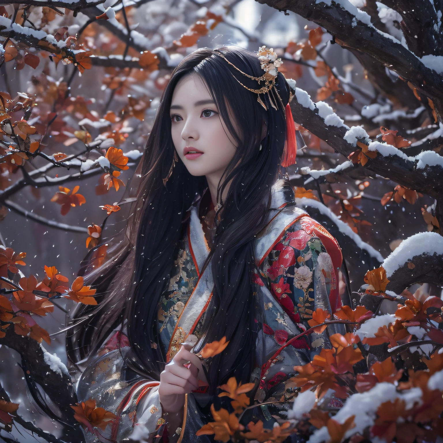 32K(tmasterpiece,k hd,hyper HD,32K)Long flowing black hair,ponds,zydink, a color, Xuzhou people (Seduce girls), (Red scarf in the snow), Combat posture, looking at the ground, long whitr hair, Floating hair, Carp pattern headdress, Chinese long-sleeved silver cheongsam, (Abstract gouache splash:1.2), Pink petal background,Tulips flying(realisticlying:1.4),Black color hair,Fallen leaves flutter,The background is pure, A high resolution, the detail, RAW photogr, Sharp Re, Nikon D850 Film Stock Photo by Jefferies Lee 4 Kodak Portra 400 Camera F1.6 shots, Rich colors, ultra-realistic vivid textures, Dramatic lighting, Unreal Engine Art Station Trend, cinestir 800,Long flowing black hair,see-through transparent clothes
