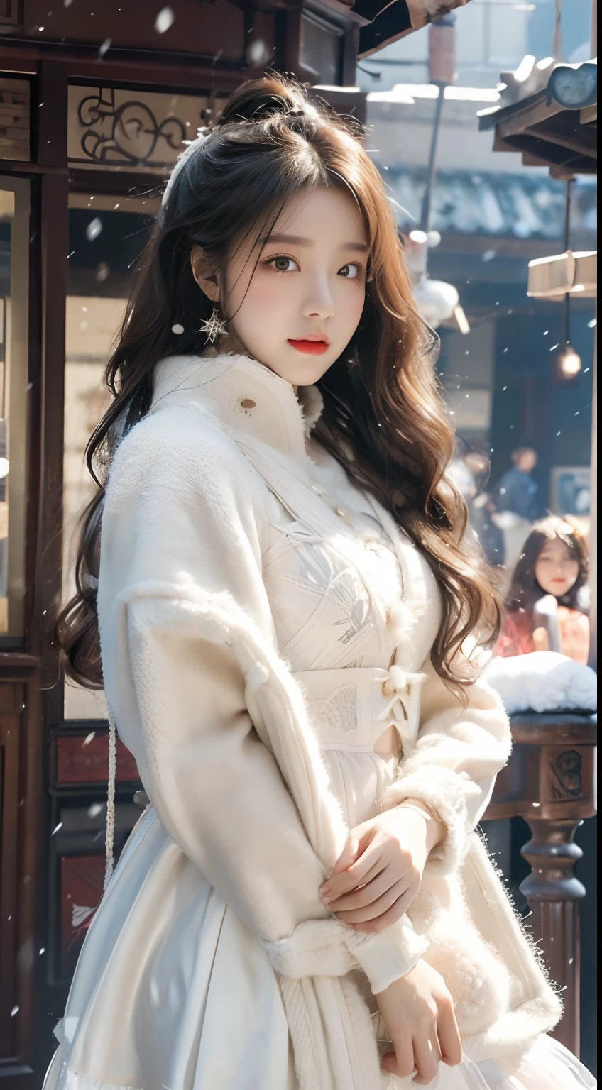 best texture, high quality, ultra hd, 8k, full body photo, panoramic photo, snow, flying snowflakes, dancing in the snow, girl, Lots of Miao silver jewelry, Miao clothing, silver phoenix crown, melon seed face, super detailed face, blue eyes, long eyebrows, Fair skin, long silver hair, long flowing hair, rise with the wind, snowflake colorful gifts, realistic, very detailed, high detail, super clear,