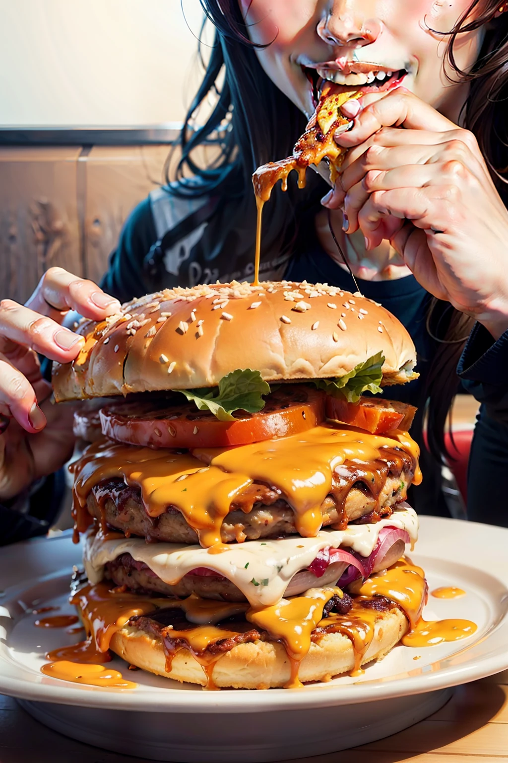 PERSON WITH VERY HAPPY EXPRESSION EATING PIZZA, TORTA DE FRANGO, FRIES AND BURGER