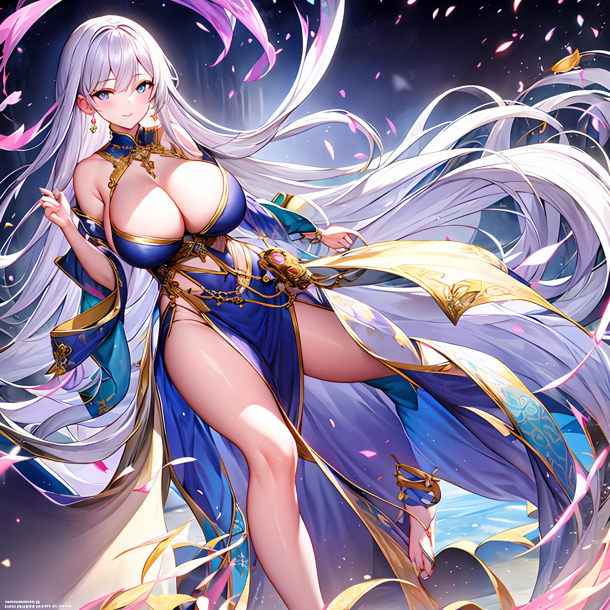extremely delicate and beautiful girls, the beautiful and delicate girl, 3d, intricate detail, clear and beautiful, whole body, The girl is in the center of the frame, Personage as the main perspective, breast squeeze, shiny_skin, flat chest, girl,woman,female, young,20 years old, absurdly long hair, big hair, asymmetrical bangs, hair slicked back, floating hair, hair intakes, floating and rainbow hair, gradient hair, Iridescence and rainbow hair, detailed beautiful face, blush, v-shaped_eyebrows, extremely detailed eyes, ;D, bare_shoulders, nail_polish, large_breasts, navel, barefoot, heterochromic, wet skin, Beautiful accessories, earrings, Beautifully gorgeous necklace, angel wing, ring, chinese_clothes, short_sleeves, translucent fluttering skirt, knee_boots, skindentation, crop_top, thigh_gap, Exquisite cloth, pale blue Clothes, transparent_background, gradient_background, beautiful detailed sky, diffraction spikes, very fine 8K CG wallpaper, very fine 8KCG wallpapers, Very detailed CG unified 8k wallpaper,