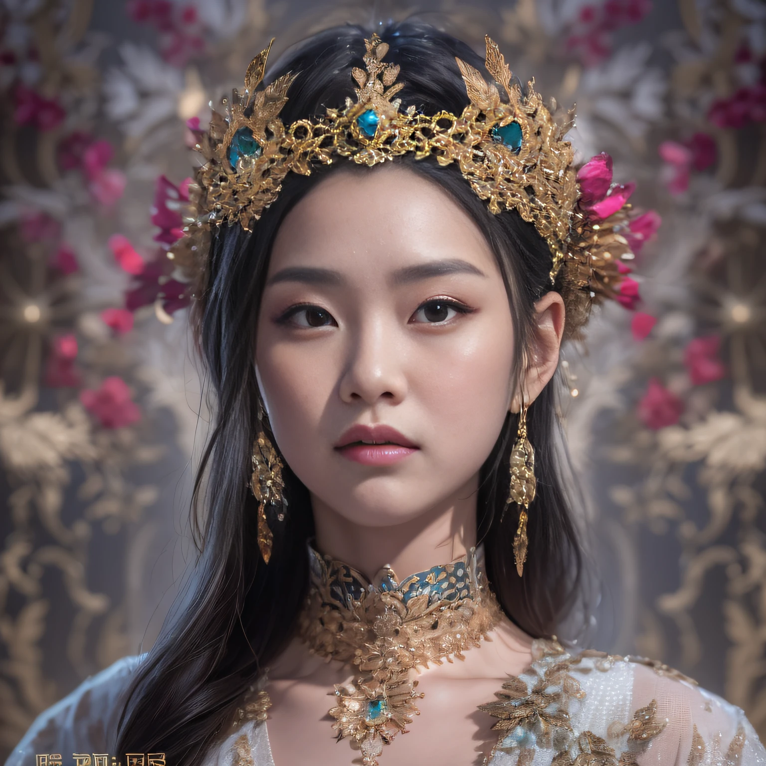 32K（tmasterpiece，k hd，hyper HD，32K）short detailed hair，Gold jewelry area in the back room，Flame Girl ，Yao Lang protector （realisticlying：1.4），Python pattern robe，Purple-pink tiara，Snowflakes fluttering，The background is pure，Hold your head high，Be proud，The nostrils look at people， A high resolution， the detail， RAW photogr， Sharp Re， Nikon D850 Film Stock Photo by Jefferies Lee 4 Kodak Portra 400 Camera F1.6 shots, Rich colors, ultra-realistic vivid textures, Dramatic lighting, Unreal Engine Art Station Trend, cinestir 800，Hold your head high，Be proud，The nostrils look at people