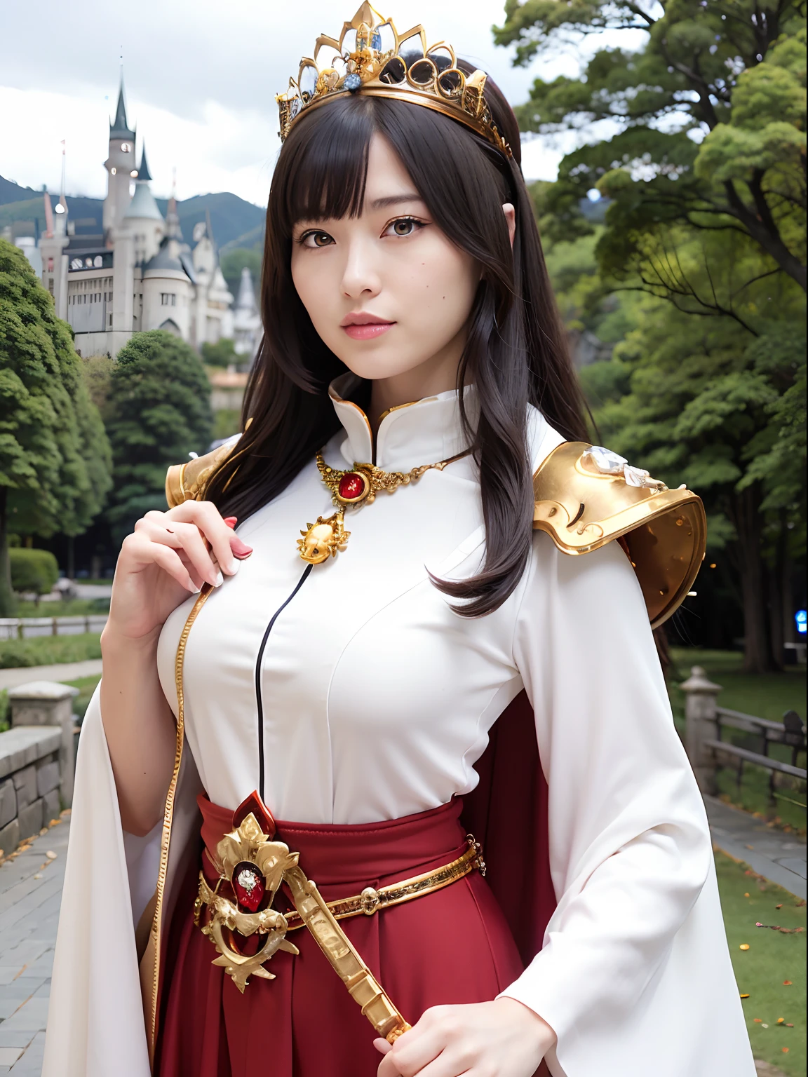 (masutepiece), Professional , masterpiece、top-quality、photos realistic , depth of fields (Gemstone Silver Metal Body:1.9),(Matte White、Jewel Gold Weapon、(Gorgeous castle background)、(ultimate beauty girl)、(Jewel Metal Body:1.4),Gorgeous Jewel Metal Weapons , Detailed Sword of the Brave ,( Soldier background in metal armor) ,warhammer 40k , adepta sororitas,Detail and ornate jewel crown、独奏、Black hair、(Gangle's forest background)、Beautiful Caucasian beauty、1a person、dynamic ungle,(((Diamond tiara with detail and luxury)))、a small face、A smile、Powerful poses、(Gorgeous castle background)、huge filesize、20 year old beautiful woman、Stand in the center of the screen、Thin female fingers、Straight long hair、Beautiful Caucasian beauty、Whole body、