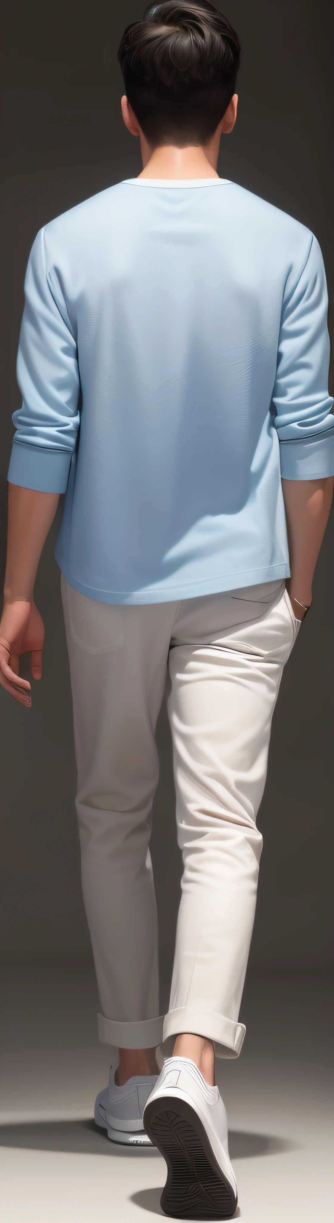 Close-up of a man walking in a light blue shirt, high resolution and detail, full body detailing, highly realistically detailed, hyper realistic detailed, highly detailed character, extra realistic details, high-resolution details, full body shot hyperdetailed, full body close-up shot, realistically rendered clothing, zoomed out full body, extra detailed body, distant full body view,White sneakers,Cropped pants,leisure wear