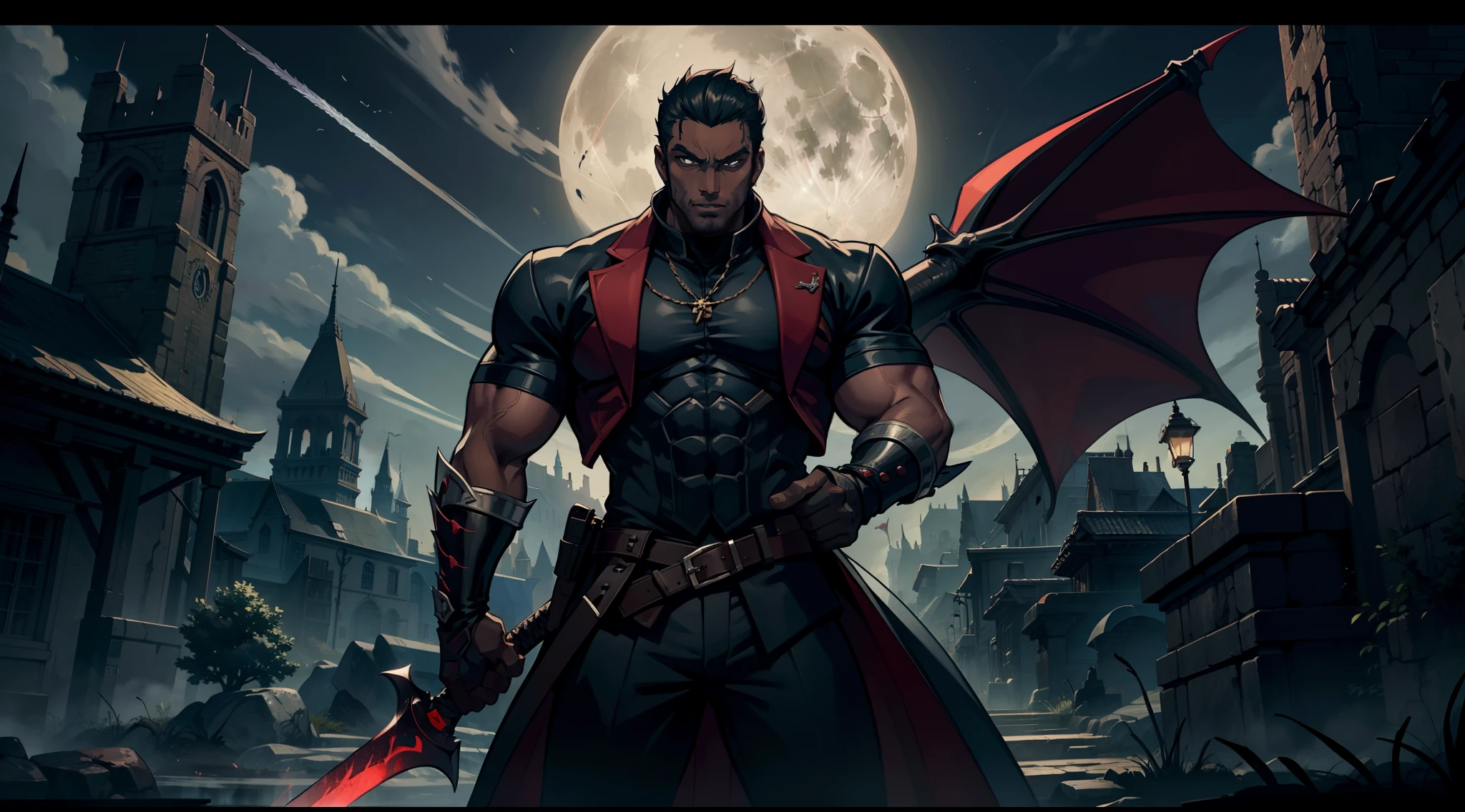 A strong man with dark skin color who is a vampire hunter who uses a sharp sword to hunt them is searching a vampire prey which is hidden in a town, midnight, full moon, glow lights, panoramic view, intricate detail, high resolution, 8k, ultra definition, dynamic composition, action scene, masterpiece