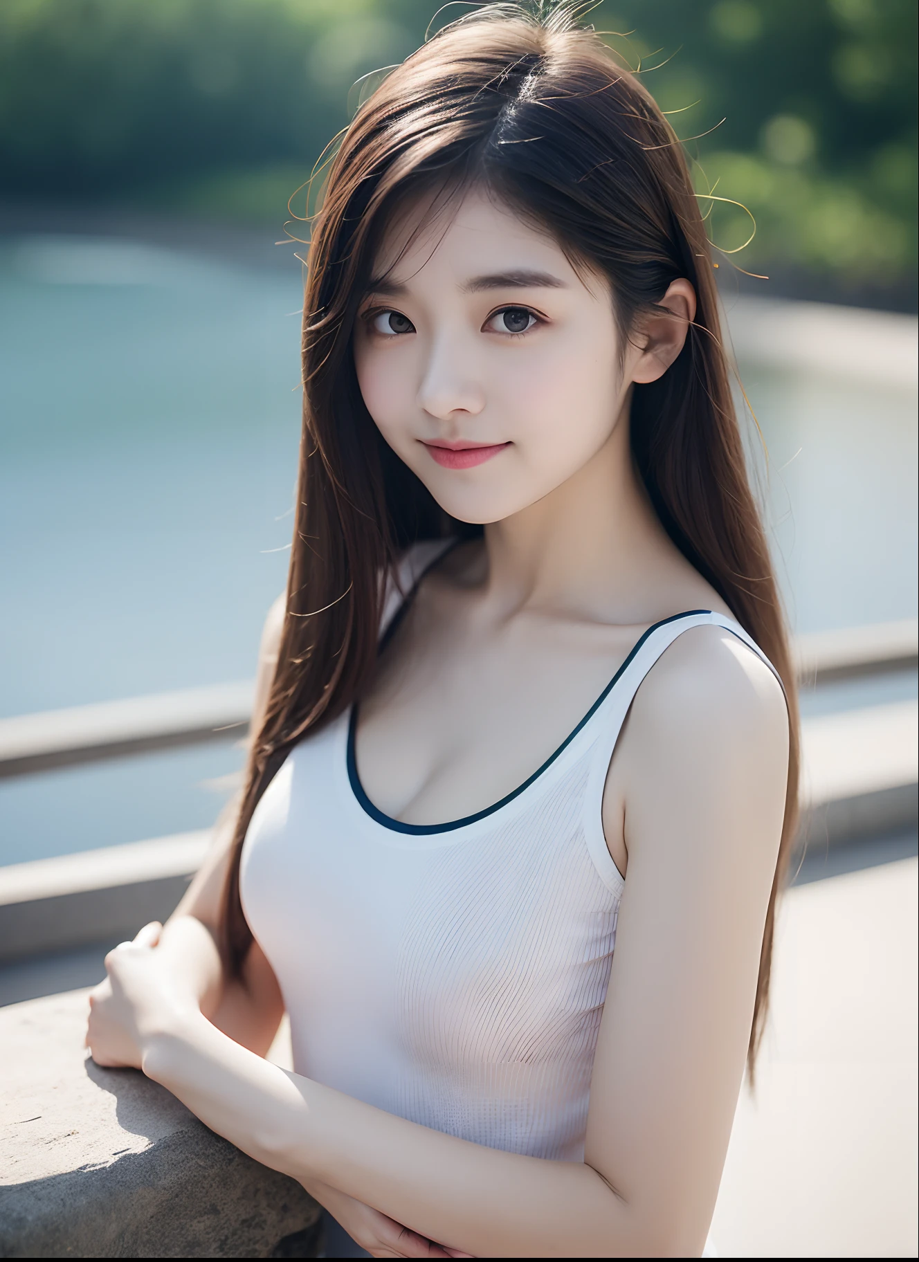 realistic photos of (1 cute Korean star) shoulder-length hair, white skin, thin makeup, 32 inch breasts size, slightly smile, wearing black v-neck tank top, sitting on the stone bridge, Genre painting, depth of field, diffraction spikes, upper body portrait, UHD
