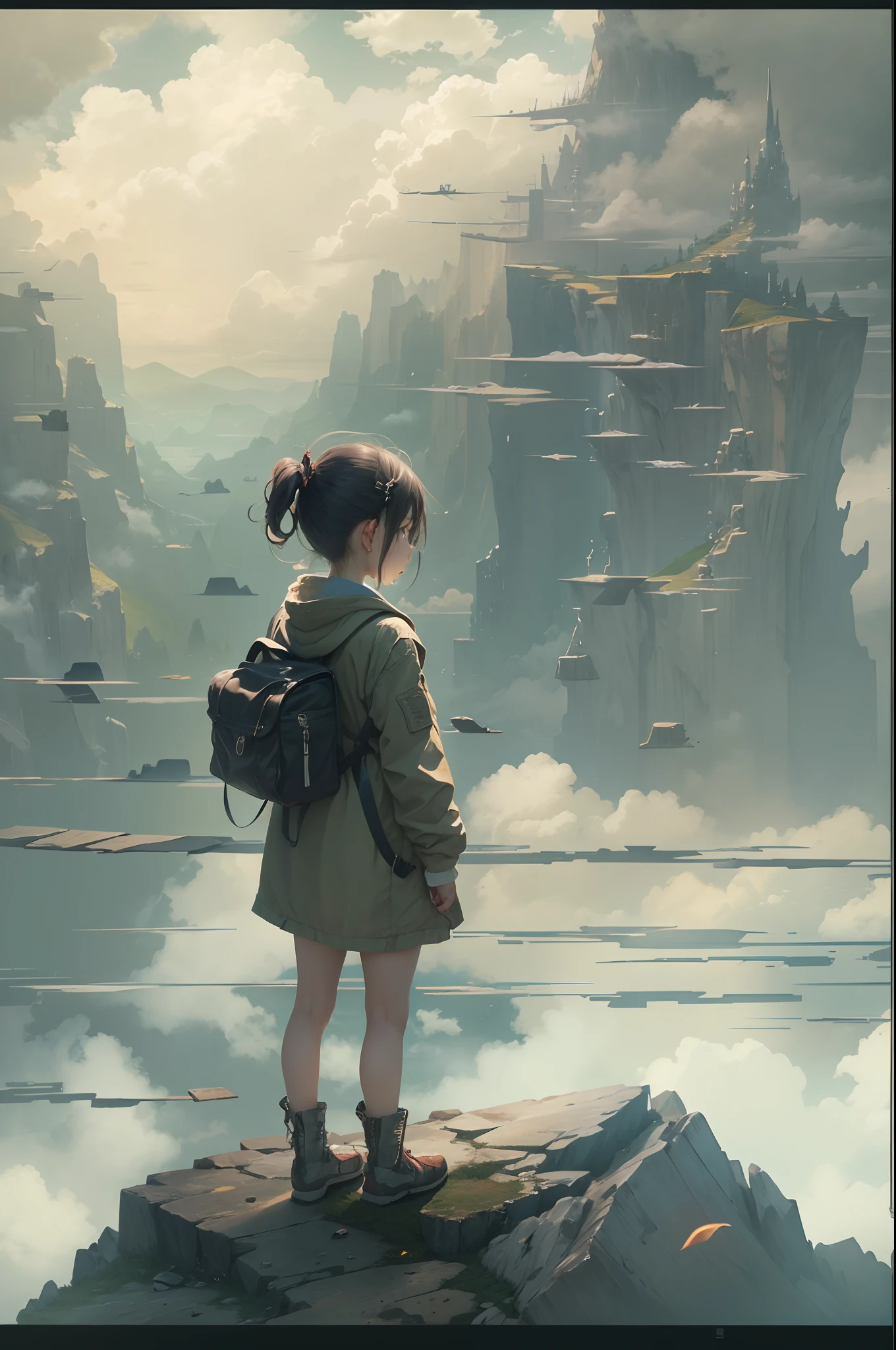 A daughter,Solitude,Raise your head to the sky,Back Shadow,Hands up,Edge of the world,depressive,(Cinematic texture,Master masterpieces,超高分辨率),multi-perspective