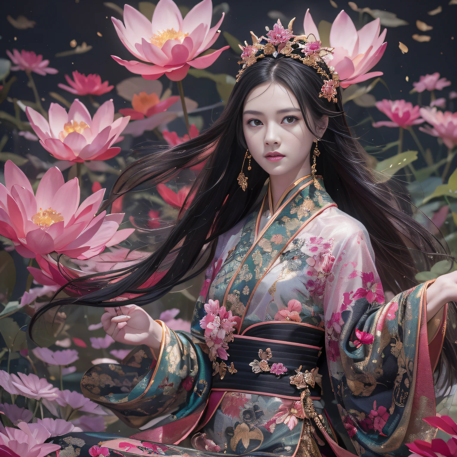 32K（tmasterpiece，k hd，hyper HD，32K）Long flowing black hair，ponds，zydink， a color，  Xuzhou people （seductiv）， （Black and gold scarf）， Combat posture， looking at the ground， long whitr hair， Floating hair， Carp pattern headdress， Chinese long-sleeved cheongsam， （Abstract gouache splash：1.2）， Pink petal background，Pink and white lotus flowers fly（realisticlying：1.4），Black color hair，Fallen leaves flutter，The background is pure， A high resolution， the detail， RAW photogr， Sharp Re， Nikon D850 Film Stock Photo by Jefferies Lee 4 Kodak Portra 400 Camera F1.6 shots, Rich colors, ultra-realistic vivid textures, Dramatic lighting, Unreal Engine Art Station Trend, cinestir 800，Long flowing black hair，see-through transparent clothes