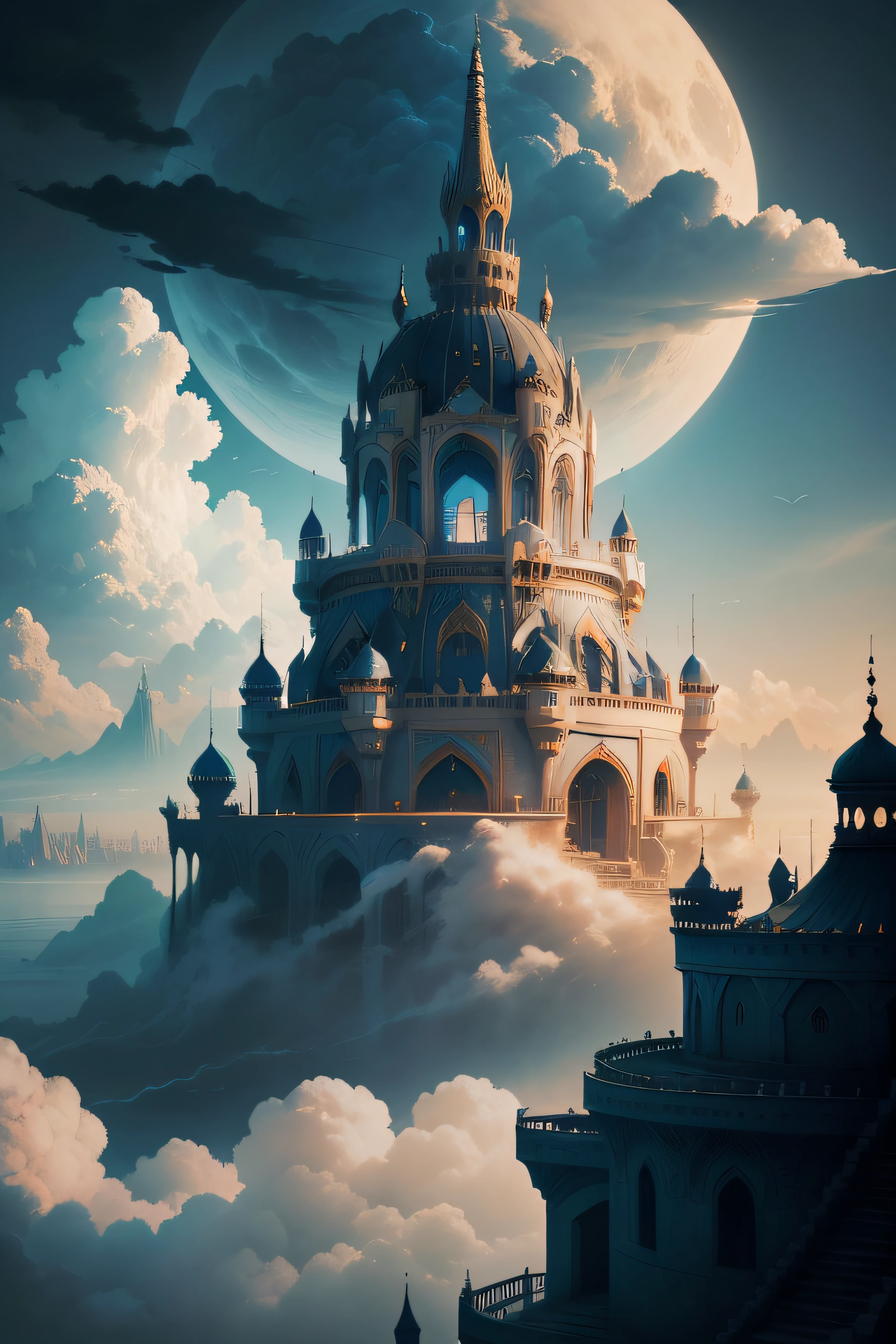 flying cloud castle, futuristic persian palace, Fantasy dark painting，fisherman, Sacred City | illustration, palace floating in the sky, Tran Ross. scenery background, Floating city in the clouds, elven palace of ghemathar, Paisagem urbana de fantasia, palace floating in the sky, castle made of clouds