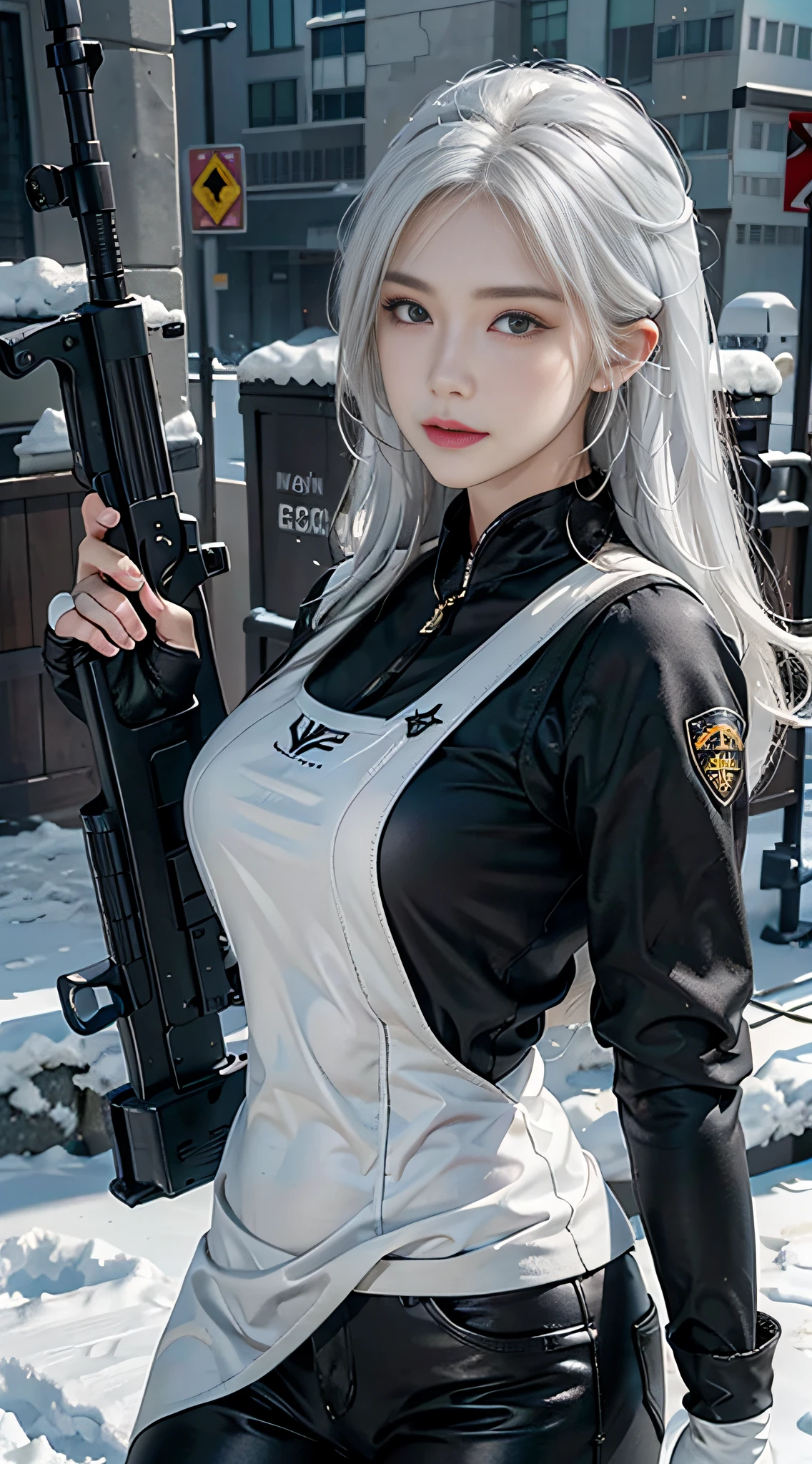 Photorealistic, high resolution, 1womanl, Solo, Background snow,Hips up, view the viewer, (Detailed face), White hair, SWAT vests, Wear black gloves,Gun, jewelry
