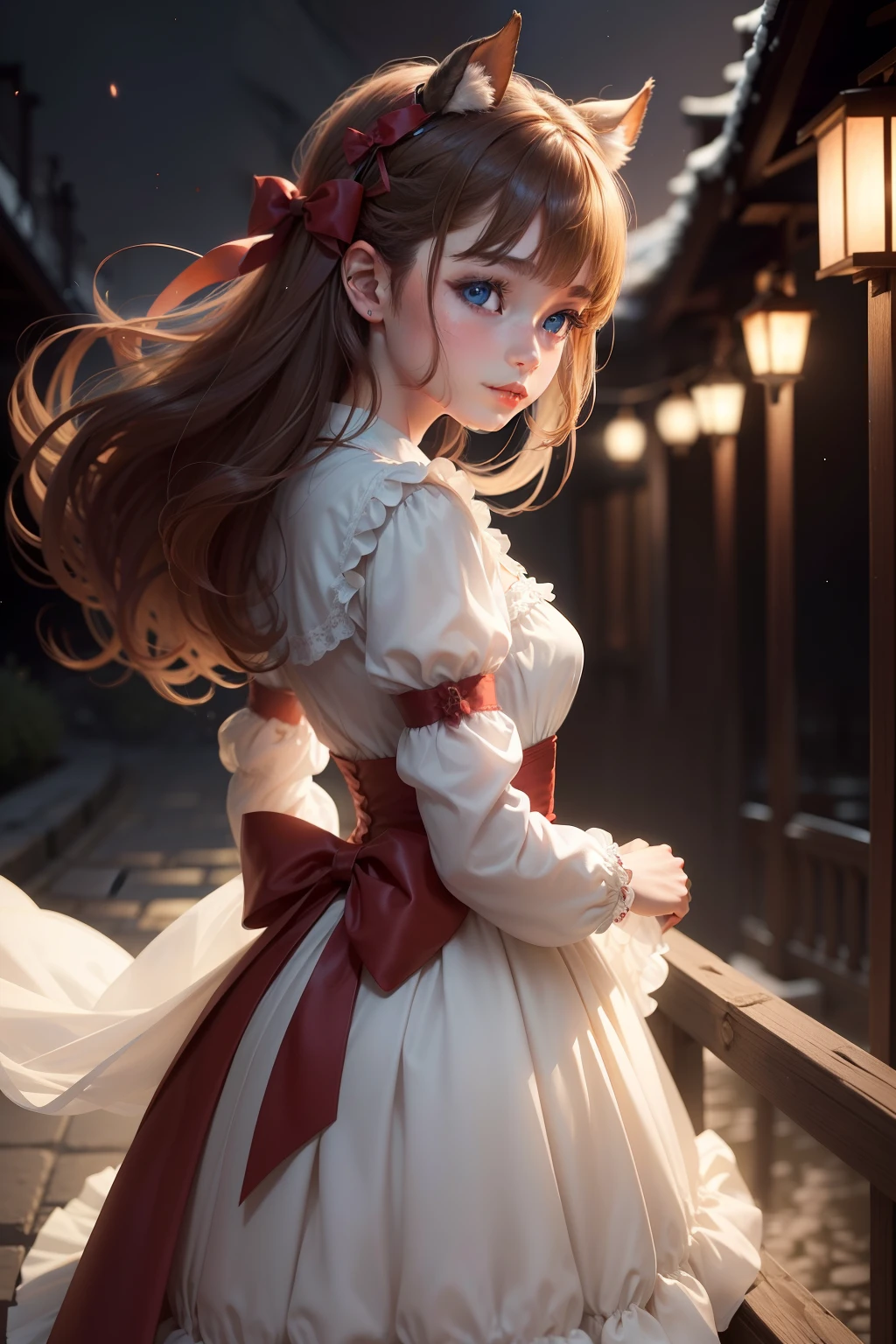 (Extremely delicate and beautiful:1.2),1girl, By bangs, eBlue eyes, bblurry, blur backgroun, Bow knot, brown hair, Keep one's mouth shut, seen from the side, hair between eye, Hair bow, lanterns, light particules, longer sleeves, looking at viewert,mid hair,the night,red bow,独奏,As estrelas\(sigature\),The upper part of the body,ssmile,Redlip,horse tailed