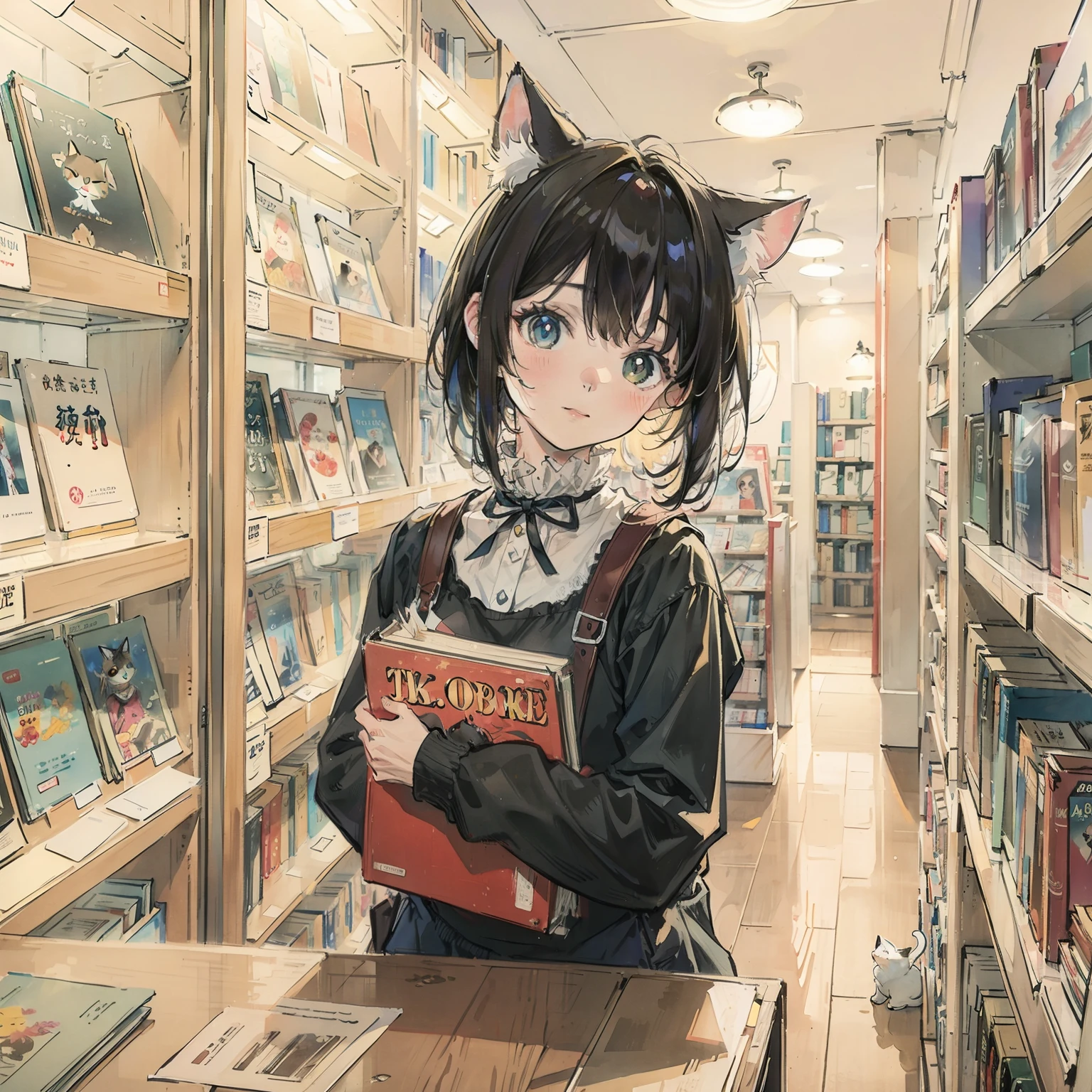 top-quality、masterpiece、Take a cute cat、bookstore