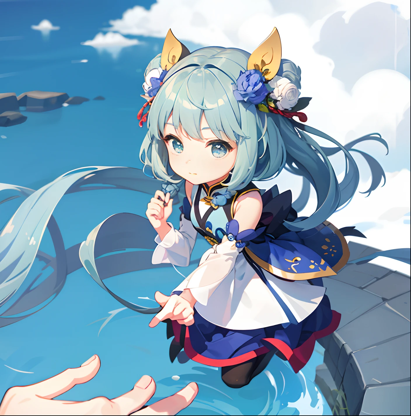 A cute 15-year-old girl in the flower season,greyt hair、Green eyes,Wearing a blue and white cheongsam dress,Hair ornaments jasper、Chinese knot at the waist,Has a natural cute character,gentleness、meticuloso,There is the tenderness of shedding tears for others,There is also the strength to never give up despite setbacks;cartoon image;The main body is Chinese style