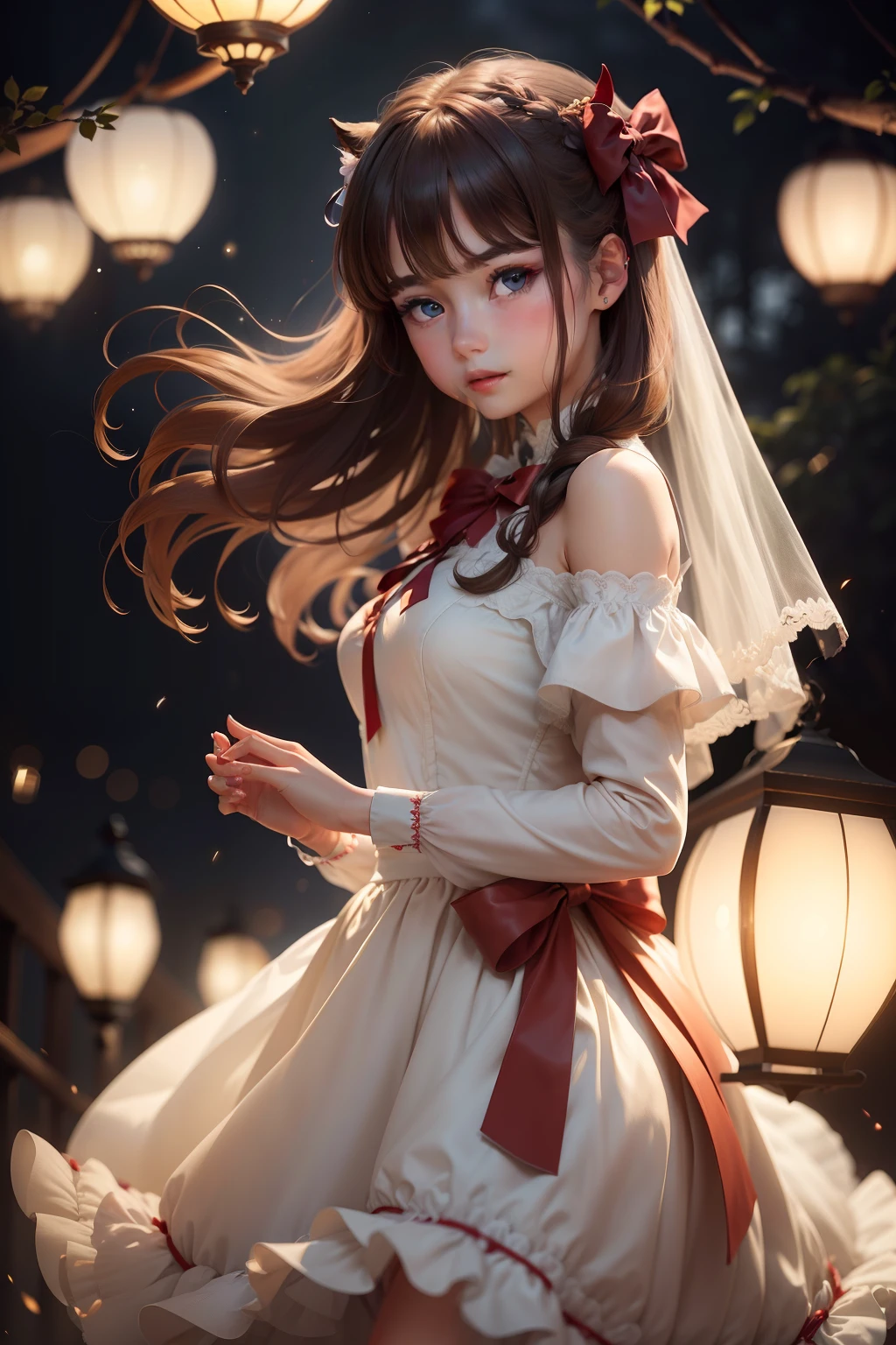 (Extremely delicate and beautiful:1.2),1girl, By bangs, eBlue eyes, bblurry, blur backgroun, Bow knot, brown  hair, Keep one's mouth shut, seen from the side, hair between eye, Hair bow, lanterns, light particules, longer sleeves, looking at viewert，mid hair，the night，red bow，独奏，As estrelas\（sigature\），The upper part of the body，ssmile，Redlip，horse tailed