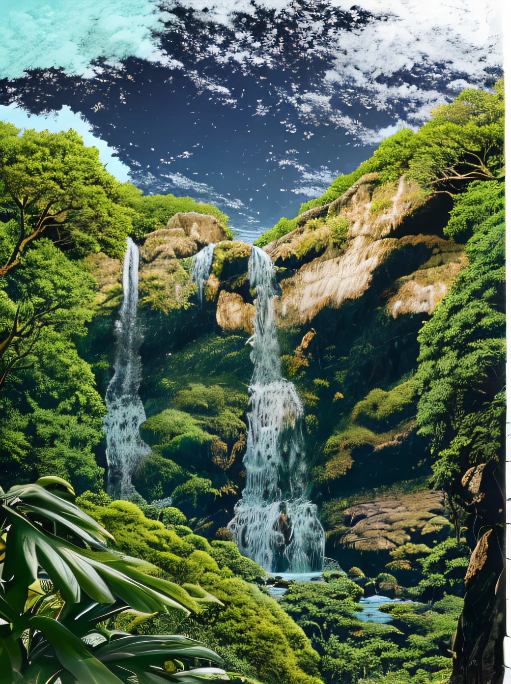 uma vista de uma cachoeira no meio de uma floresta verde exuberante, cachoeira alta, with trees and waterfall, cachoeiras ao fundo