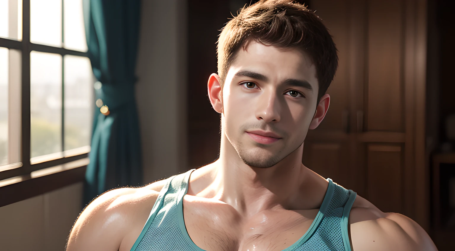 ((masterpiece)), ((best quality:1.2)), High Resolution, 8k, (ultra_realistic:1.3), (photorealistic:1.4), (instagram model, handsome:1.2), sharp focus, a close up photo of (Nick Topel, nicktopelkm), wearing white tank top and baseball cap, living room of a house, furniture, indoor lighting, <lora:NickTopelKM:0.8>