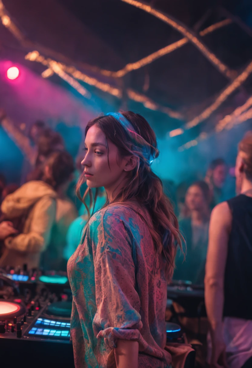 ((masterpiece:1.3)), ((best quality:1.3)), ((ultra_detailed:1.3)), luminous design, pastel colors, ink drips, DJ, close-up shot of upper body, observing the crowd, In this mesmerizing visual composition, a woman takes center stage, surrounded by a luminous design that radiates with vibrant pastel colors. The design seems to come alive, with ink drips cascading down, adding an ethereal touch to the scene. The woman, a DJ, is captured in a close-up shot of her upper body, standing behind the decks. Her gaze is fixed upon the crowd, observing their every move. The intensity in her eyes reflects her deep connection with the music and the energy of the crowd. The composition is meticulously detailed, with every intricate pattern and color gradient of the luminous design rendered with precision. The pastel colors create a dreamlike atmosphere, enhancing the enchanting aura of the scene. The ink drips add a touch of unpredictability and creativity, symbolizing the fluidity and artistry of the DJ's craft. As the DJ observes the crowd, the energy in the room is palpable. The crowd is a blur of movement, with hands raised and bodies swaying to the rhythm. The DJ's presence is magnetic, guiding the energy of the room with her music selection and skillful mixing. This composition is a true masterpiece, capturing the fusion of music and visual art in a captivating and immersive way. It celebrates the creativity and passion of DJs, while inviting viewers to be part of the electrifying atmosphere of a live performance.