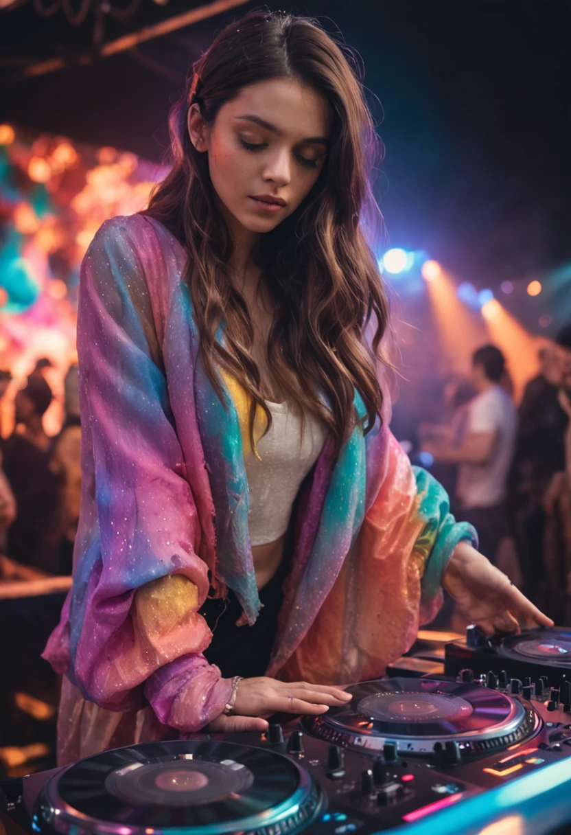 ((masterpiece:1.3)), ((best quality:1.3)), ((ultra_detailed:1.3)), luminous design, pastel colors, ink drips, DJ, close-up shot of upper body, observing the crowd, In this mesmerizing visual composition, a woman takes center stage, surrounded by a luminous design that radiates with vibrant pastel colors. The design seems to come alive, with ink drips cascading down, adding an ethereal touch to the scene. The woman, a DJ, is captured in a close-up shot of her upper body, standing behind the decks. Her gaze is fixed upon the crowd, observing their every move. The intensity in her eyes reflects her deep connection with the music and the energy of the crowd. The composition is meticulously detailed, with every intricate pattern and color gradient of the luminous design rendered with precision. The pastel colors create a dreamlike atmosphere, enhancing the enchanting aura of the scene. The ink drips add a touch of unpredictability and creativity, symbolizing the fluidity and artistry of the DJ's craft. As the DJ observes the crowd, the energy in the room is palpable. The crowd is a blur of movement, with hands raised and bodies swaying to the rhythm. The DJ's presence is magnetic, guiding the energy of the room with her music selection and skillful mixing. This composition is a true masterpiece, capturing the fusion of music and visual art in a captivating and immersive way. It celebrates the creativity and passion of DJs, while inviting viewers to be part of the electrifying atmosphere of a live performance.