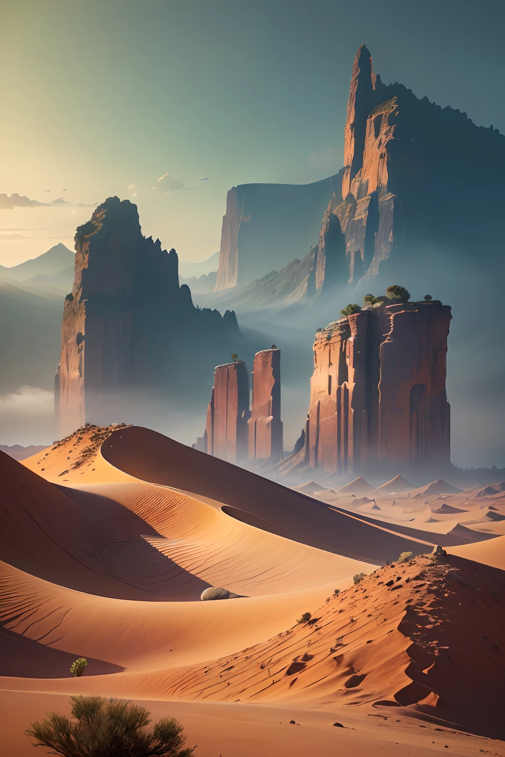 Fantasy desert, Desert Mountains, (Masterpiece, Best quality, High quality, A high resolution:1.4), Detailed, Extremely detailed, ambient soft lighting, 4K,Blurry, The background is blurred out, Depth of field, Bokeh, degrees of freedom, Heavy fog, Bloom outdoors, (Nature, Fantasy desert:1.2), (Rocks:1.2),