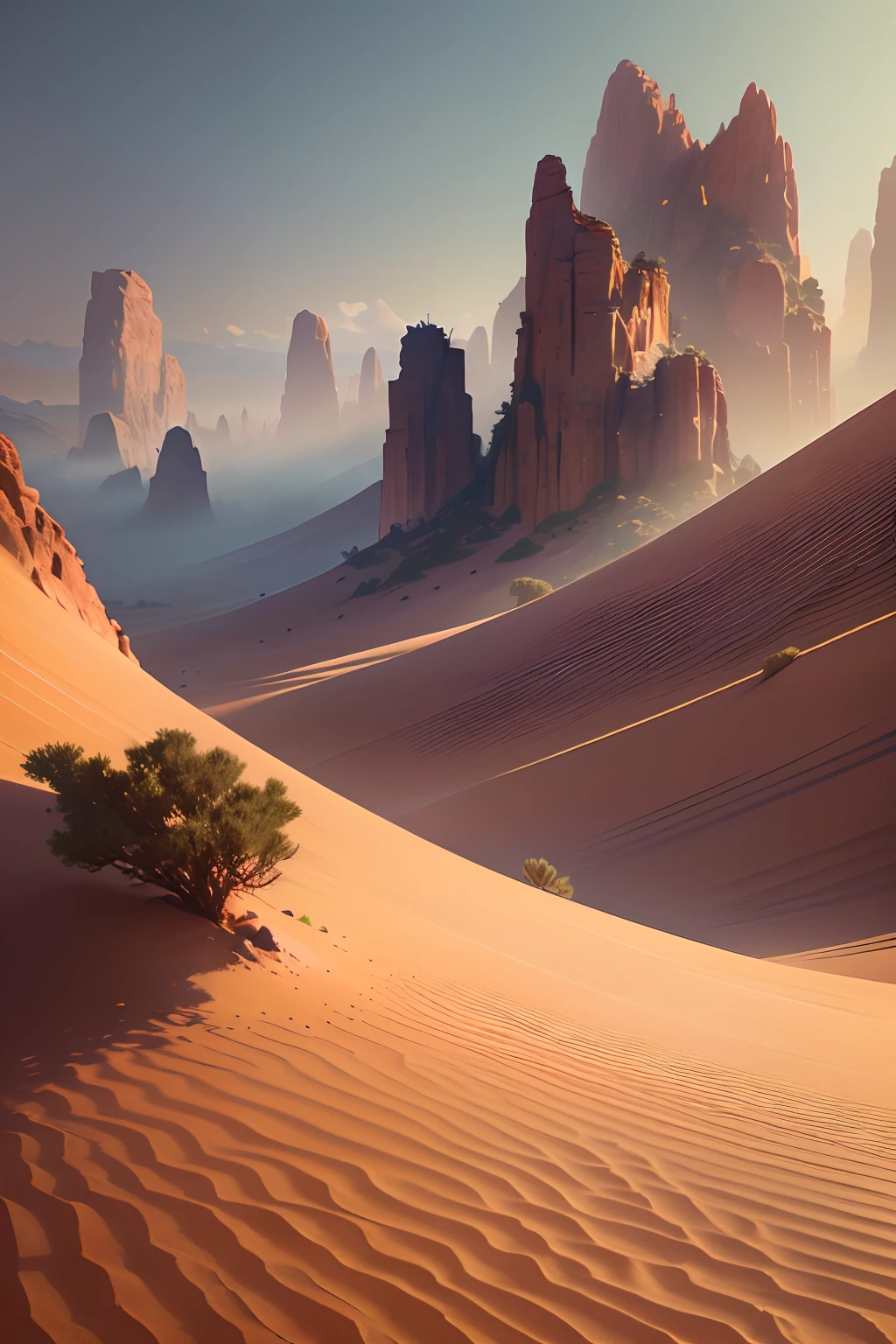 Fantasy desert, Desert Mountains, (Masterpiece, Best quality, High quality, A high resolution:1.4), Detailed, Extremely detailed, ambient soft lighting, 4K,Blurry, The background is blurred out, Depth of field, Bokeh, degrees of freedom, Heavy fog, Bloom outdoors, (Nature, Fantasy desert:1.2), (Rocks:1.2),