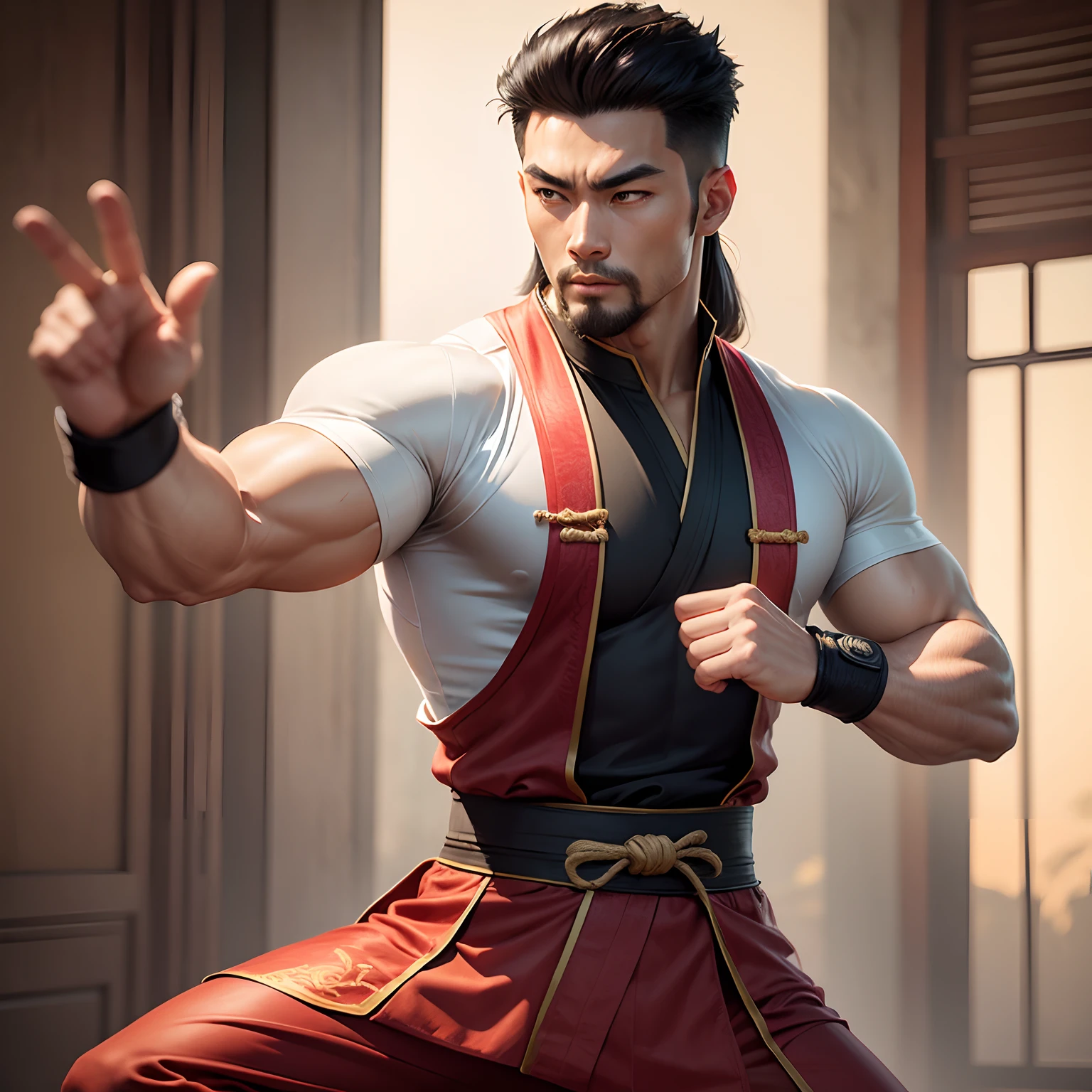 Kung fu master teaching young students muscular handsome full outfit chineese environnement hyper realistic super detailed