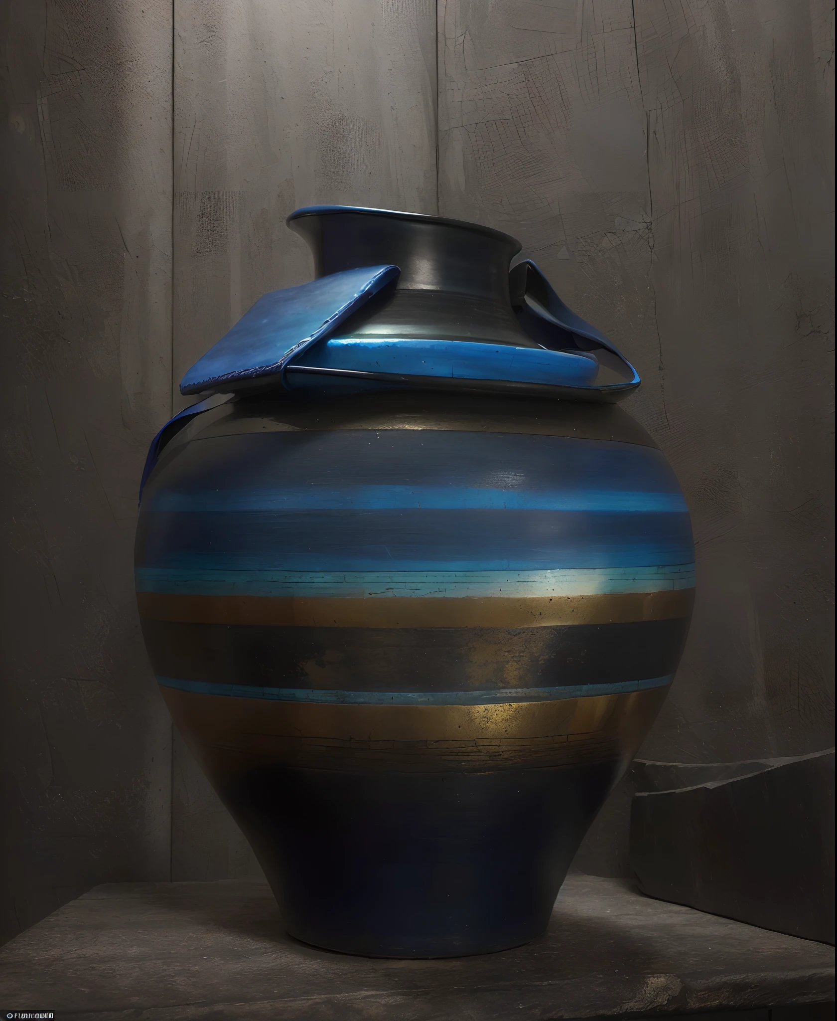 There is a blue and brown vase,Black handle, black gold light blue, vase work, author:Jens Sendergaard, fully rendered light to shadow, author:Juan O'Gorman, inspired by Hendrik Gerritsz Pot, light on top, raku, Artistic interpretation, author:Siona Shimshi, (tmasterpiece,best qualtiy,A high resolution,ultra_detailed:1.2),(Cinematic texture:1.5),(Perfect light and shadow effects:1.3),In a realistic environment,8K