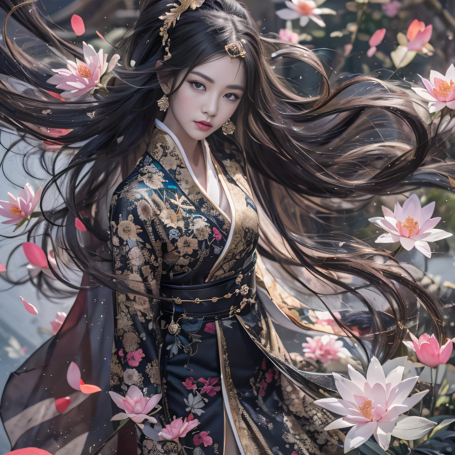 32K(tmasterpiece,k hd,hyper HD,32K)Long flowing black hair,ponds,zydink, a color, Xuzhou people (seductiv), (Black and gold scarf), Combat posture, looking at the ground, long whitr hair, Floating hair, Carp pattern headdress, Chinese long-sleeved cheongsam, (Abstract gouache splash:1.2), Pink petal background,Pink and white lotus flowers fly(realisticlying:1.4),Black color hair,Fallen leaves flutter,The background is pure, A high resolution, the detail, RAW photogr, Sharp Re, Nikon D850 Film Stock Photo by Jefferies Lee 4 Kodak Portra 400 Camera F1.6 shots, Rich colors, ultra-realistic vivid textures, Dramatic lighting, Unreal Engine Art Station Trend, cinestir 800,Long flowing black hair,see-through transparent clothes
