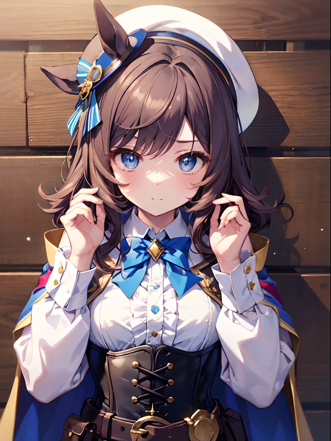 masterpiece, best quality, matikanetannhauser \(umamusume\), upper body, cabbie hat, blue headwear, blue bowtie, cape, white shirt, collared shirt, shoulder cutout, puffy long sleeves, center frills, corset, belt pouch, belt