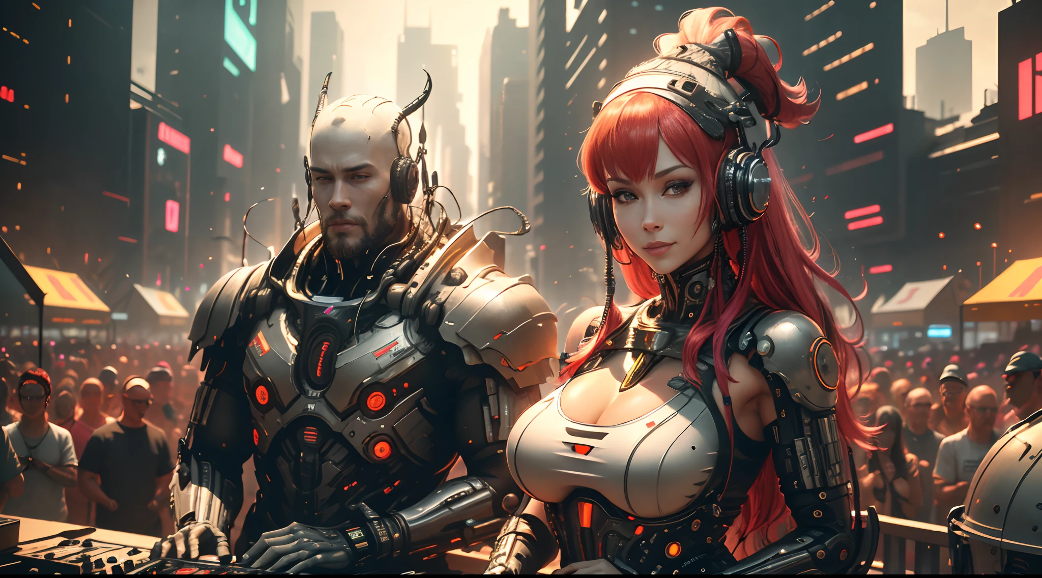 Long-range shots,wide wide shot,(Best quality), (Masterpiece), Outdoor music festival,In the center of the crowd,Sexy Swedish woman,((Cyborg)), ((big assa)), ((Bigchest)), redheadwear,(Female DJ)Hefty Smile,DJ headphones, Futuristic setting ((Cyberpunk)),