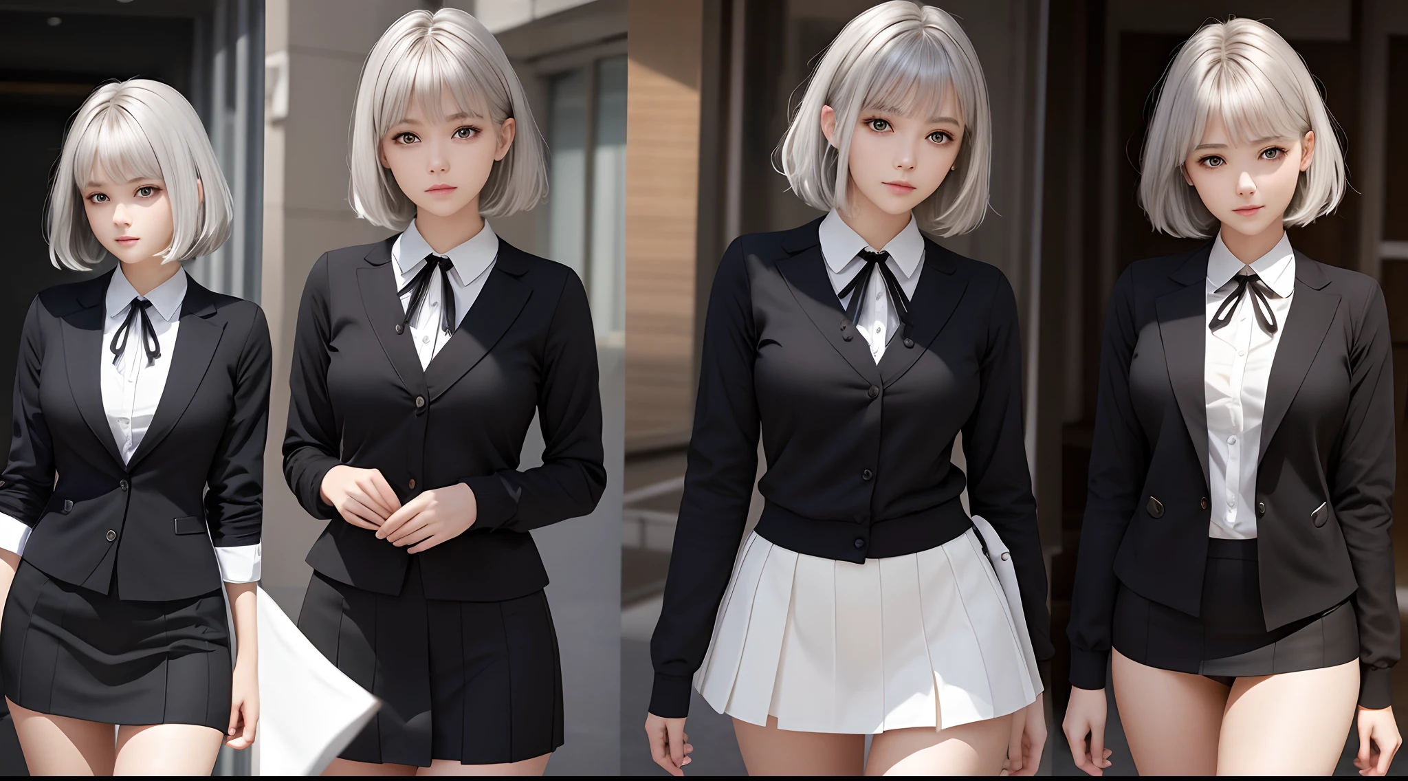(RAW Photo, Best Quality), (Realistic, Realistic: 1.3), Masterpiece, Extremely Delicate Beautiful, Extremely Detailed, CG, Unity, 2k Wallpaper, Amazing, Fine Detail, Light Smile, Extremely Detailed CG Unity 8k Wallpaper, Huge File Size, Ultra Detailed, High Resolution, Ridious, Soft Light, (((short hair: 1.3), short bangs, silver hair, floating hair novafrogstyle)), beautiful and delicate girl, delicate fingers, extremely delicate eyes and face, beautiful delicate nose, beautiful thin eyes, long eyelashes, light on the face, looking at the audience, (Shut up: 1.2), 1 girl, cute, young, mature face, (full body: 1.3), (medium breasts), realistic face, realistic body, beautiful details thighs, (ulzzang-6500-v1.1:0.8), suit, cross-lace-up clothes, collared shirt, open clothes, in the office, detailed office, cardigan, black thighs, mini skirt, black underwear, buttonless shirt,