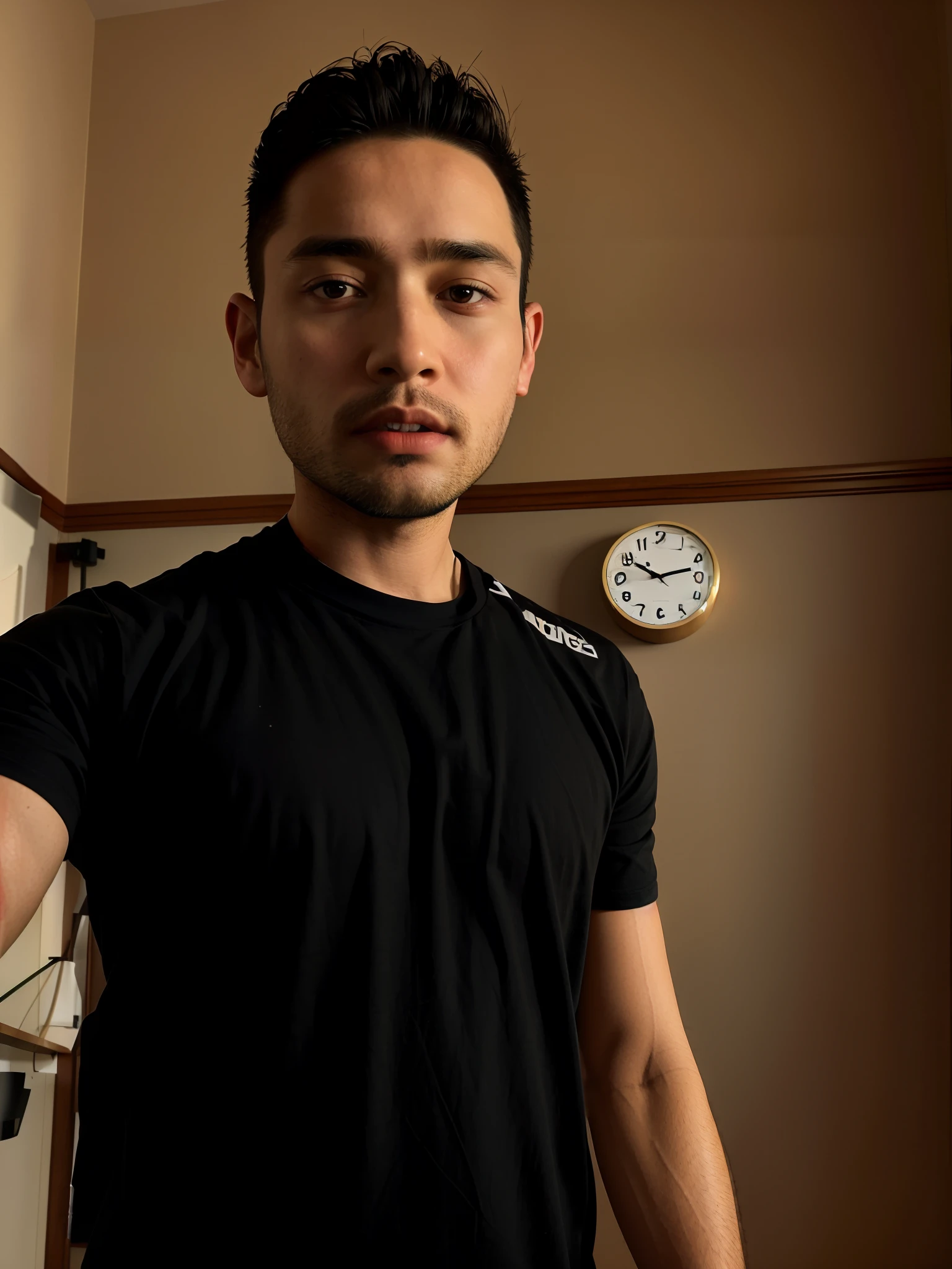 there is a man standing in a room with a clock on the wall, 2 , 2 9 years old old, (38 yearsyears old, 38 years old, 4 0 ye, 2 3 years old, 3 6 years old, 35 years old, 3 , wearing black